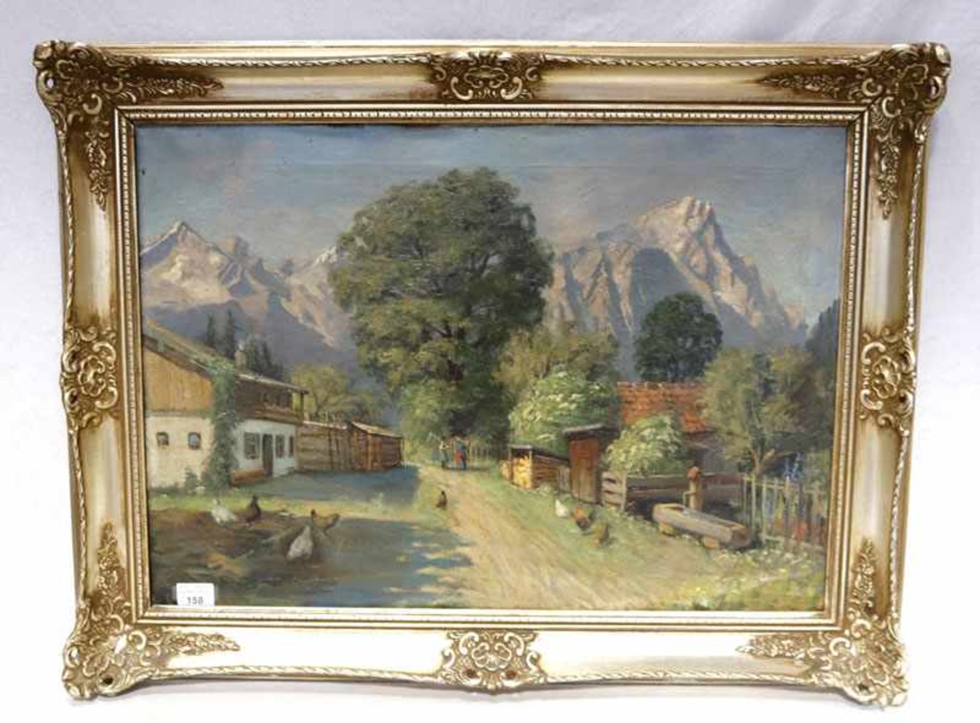 Gemälde ÖL/LW 'Bauernhof vor Wettersteingebirge', signiert Müller-Baumgarten, Carl, * 1879 Leipzig +