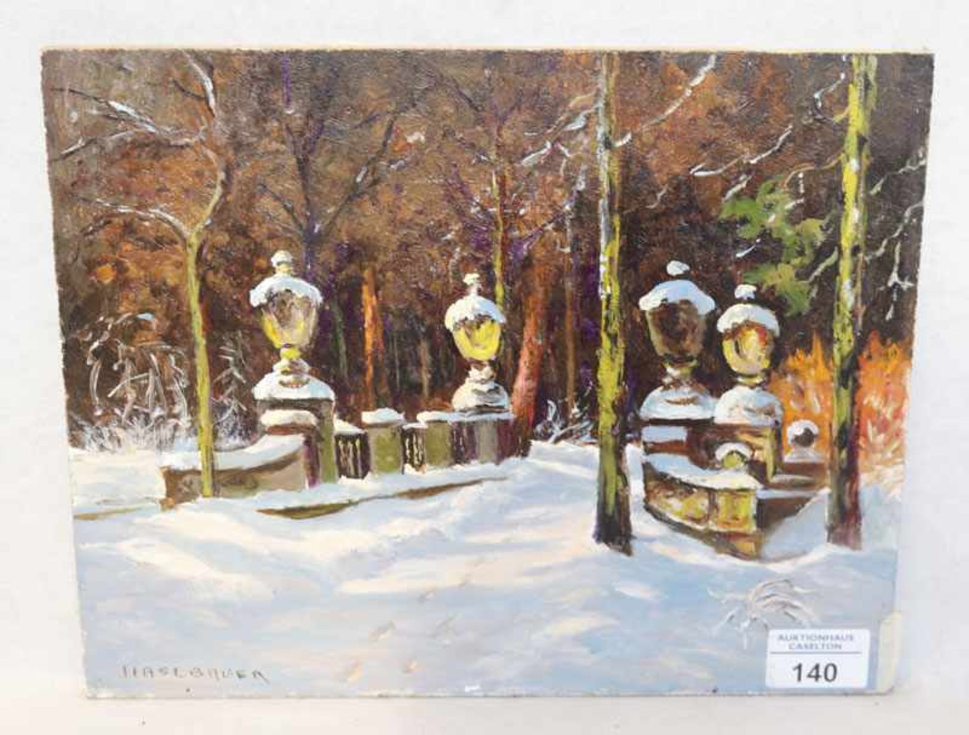 Gemälde ÖL/Hartfaser 'Parklandschaft im Winter', signiert Haslbauer, Paul, * 1919 München + 2016