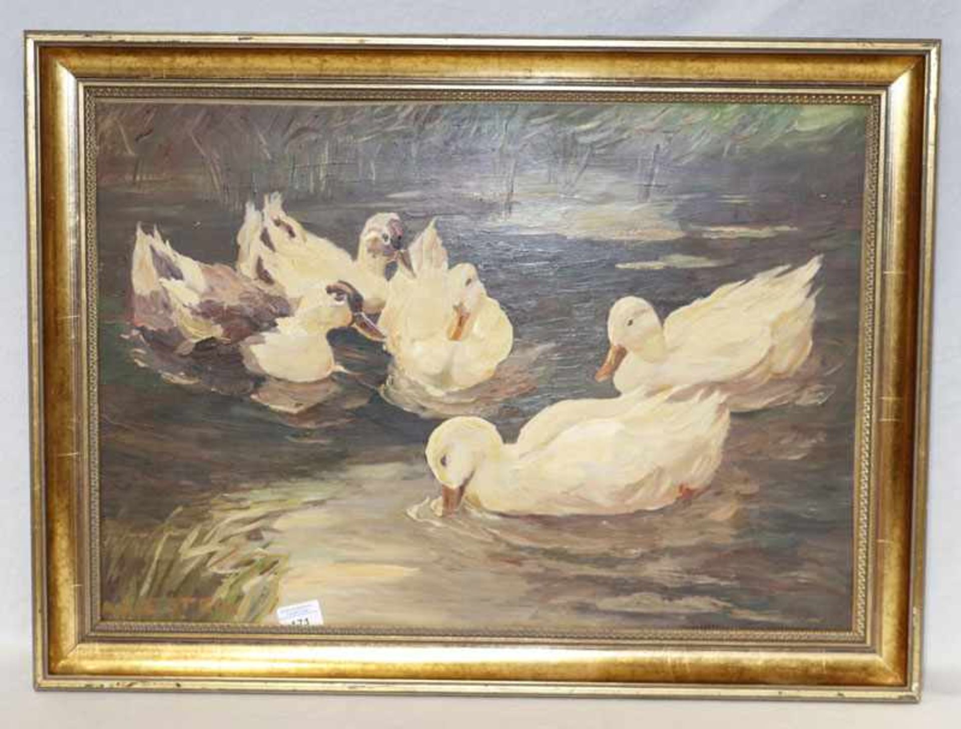 Gemälde ÖL/Hartfaser 'Fünf Enten im Teich' Kopie nach Koester, gerahmt, Rahmen beschädigt, incl.