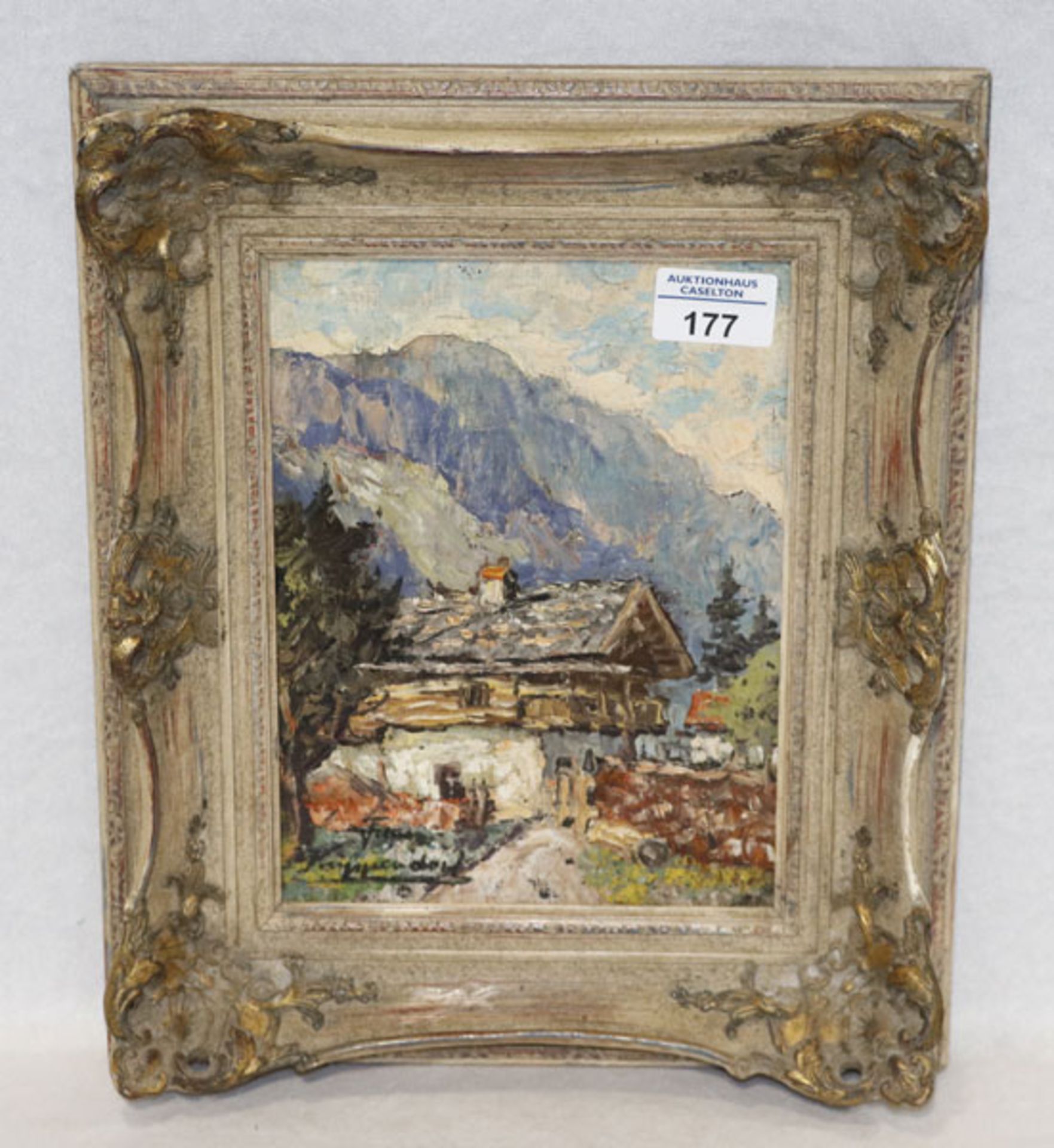 Gemälde ÖL/Malkarton 'Bauernhaus im Gebirge', signiert Franz Krippendorf, * 1907 Innsbruck + 1982