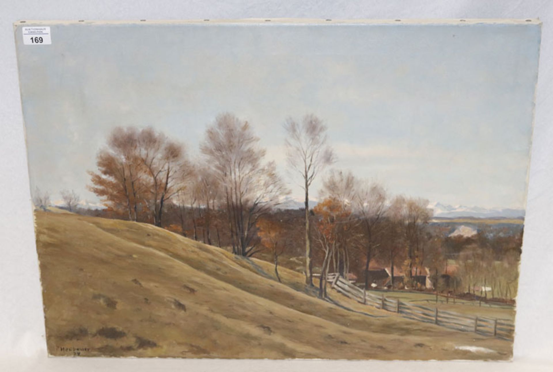 Gemälde ÖL/LW 'Alpenlandschaft im Herbst', signiert Haslbauer, Paul, datiert 79, * 1919 München +