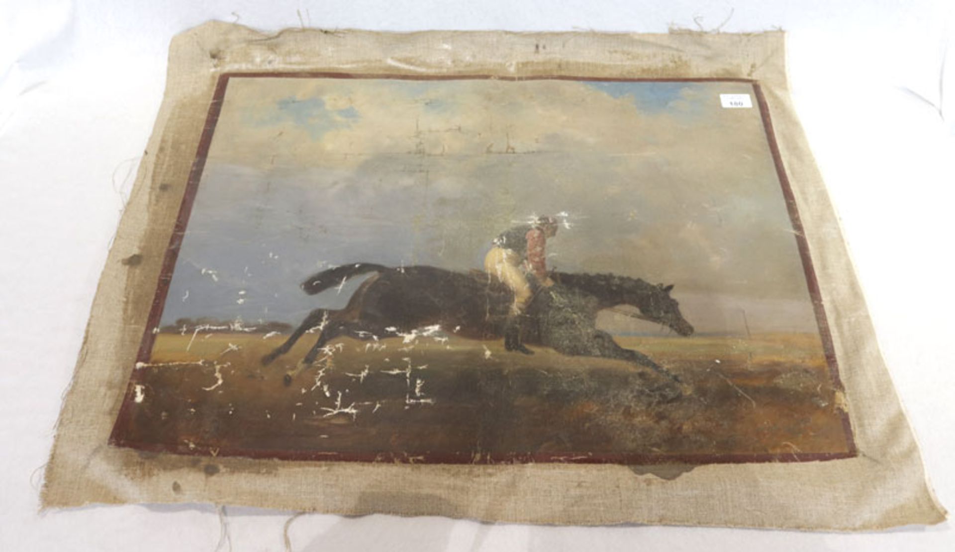 Gemälde ÖL/LW 'Reiter zu Pferd', LW stark beschädigt, ohne Rahmen 55 cm x 71 cm
