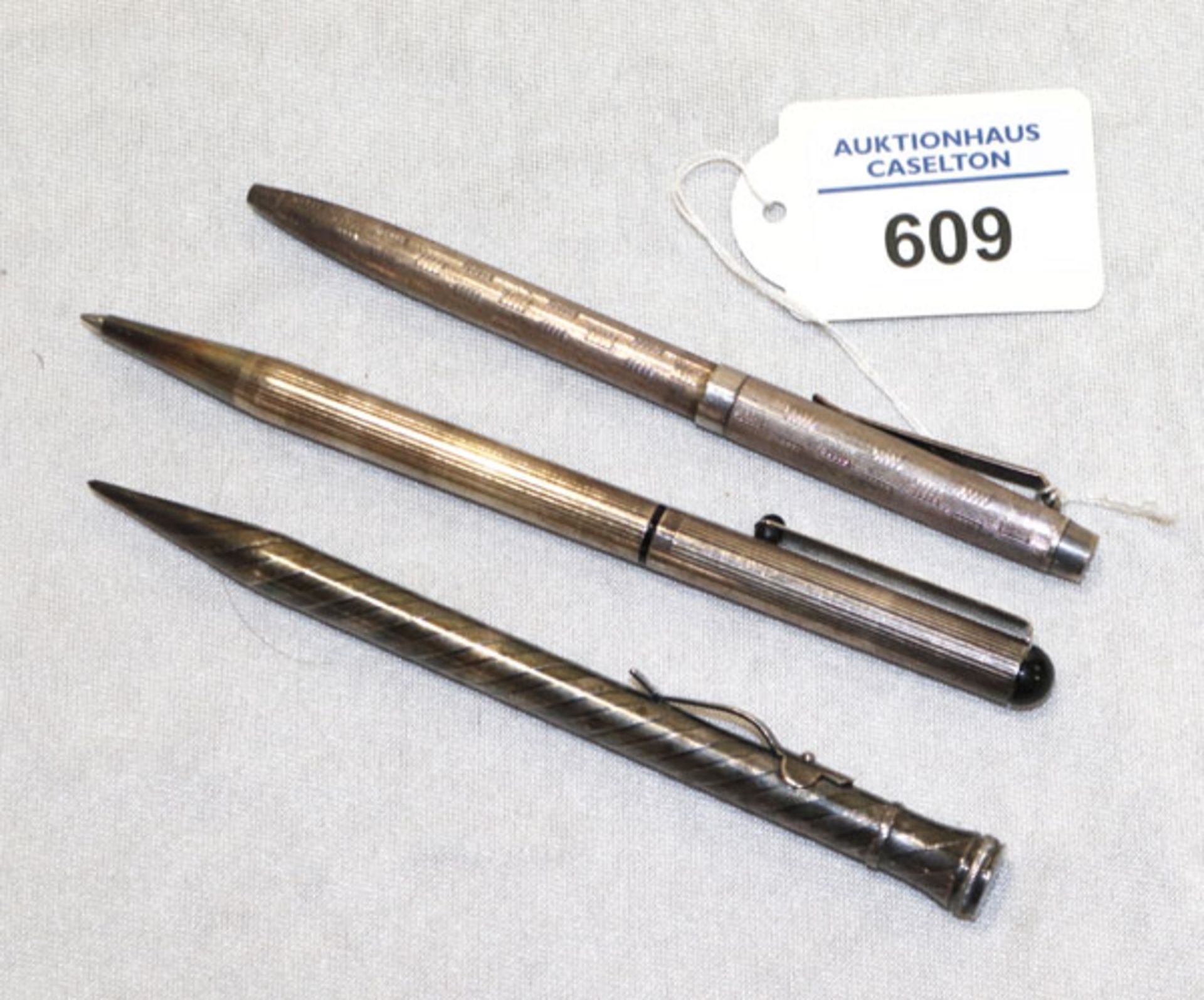 Kugelschreiber, 900 Silber und Kugelschreiber und Bleistift, versilbert, Gebrauchsspuren