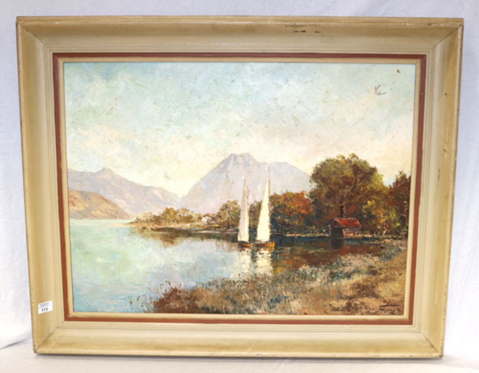 Gemälde ÖL/LW 'Gebirgssee mit Segelbooten', signiert Edgar Freyberg, * 1927 Berlin/Charlottenburg,