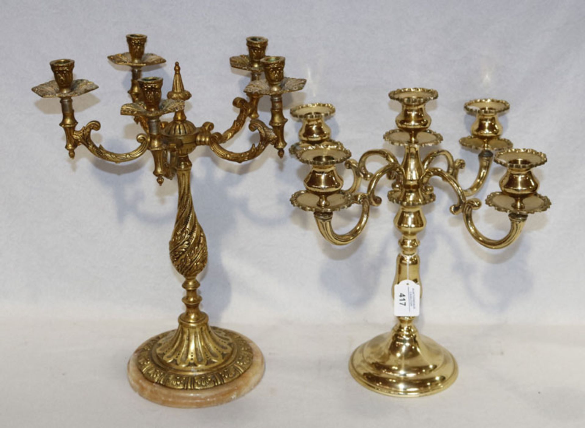Messing Kerzenleuchter, 5-armig, H 38 cm, D 35 cm, und Messing Kerzenleuchter, 5-armig, mit