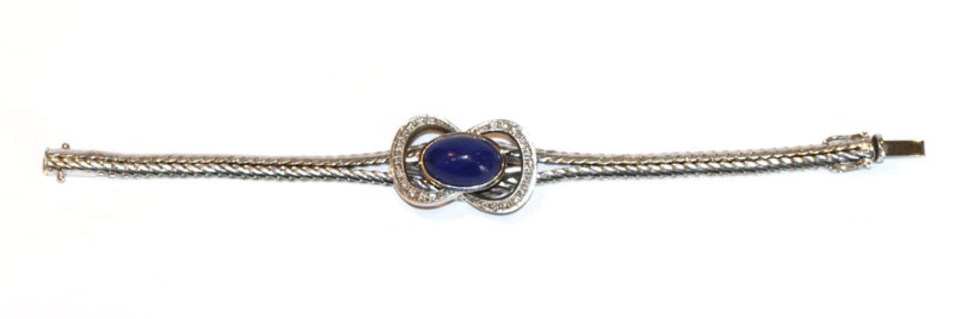 18 k Weißgold Armband mit Lapislazuli und Diamanten, zus. 0,50 ct., ausgefallene Handarbeit, L 17