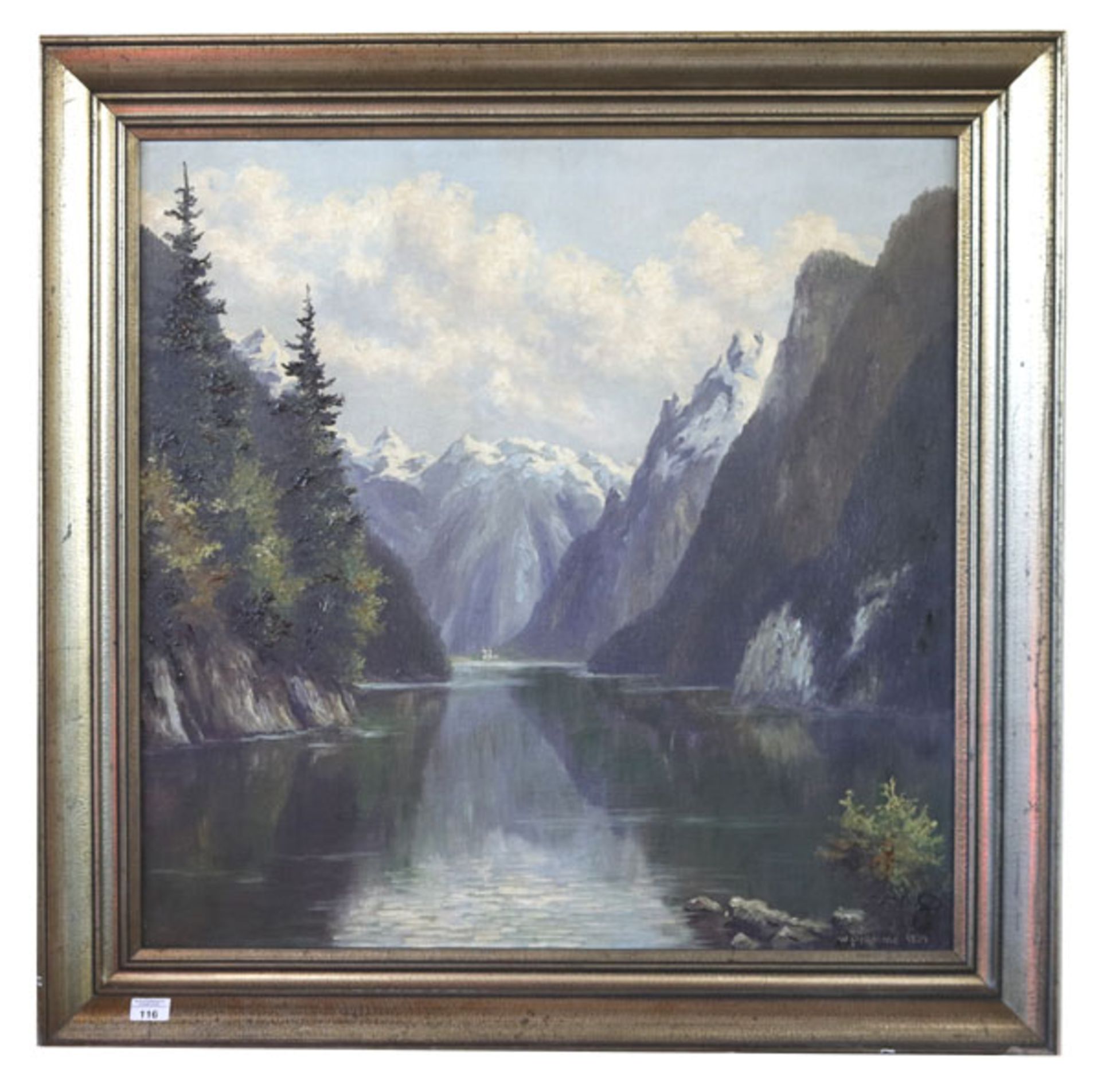 Gemälde ÖL/LW 'Königssee mit St. Bartolomä', signiert W. (Wilhelm) Pramme, * 1898 Halberstadt + 1965