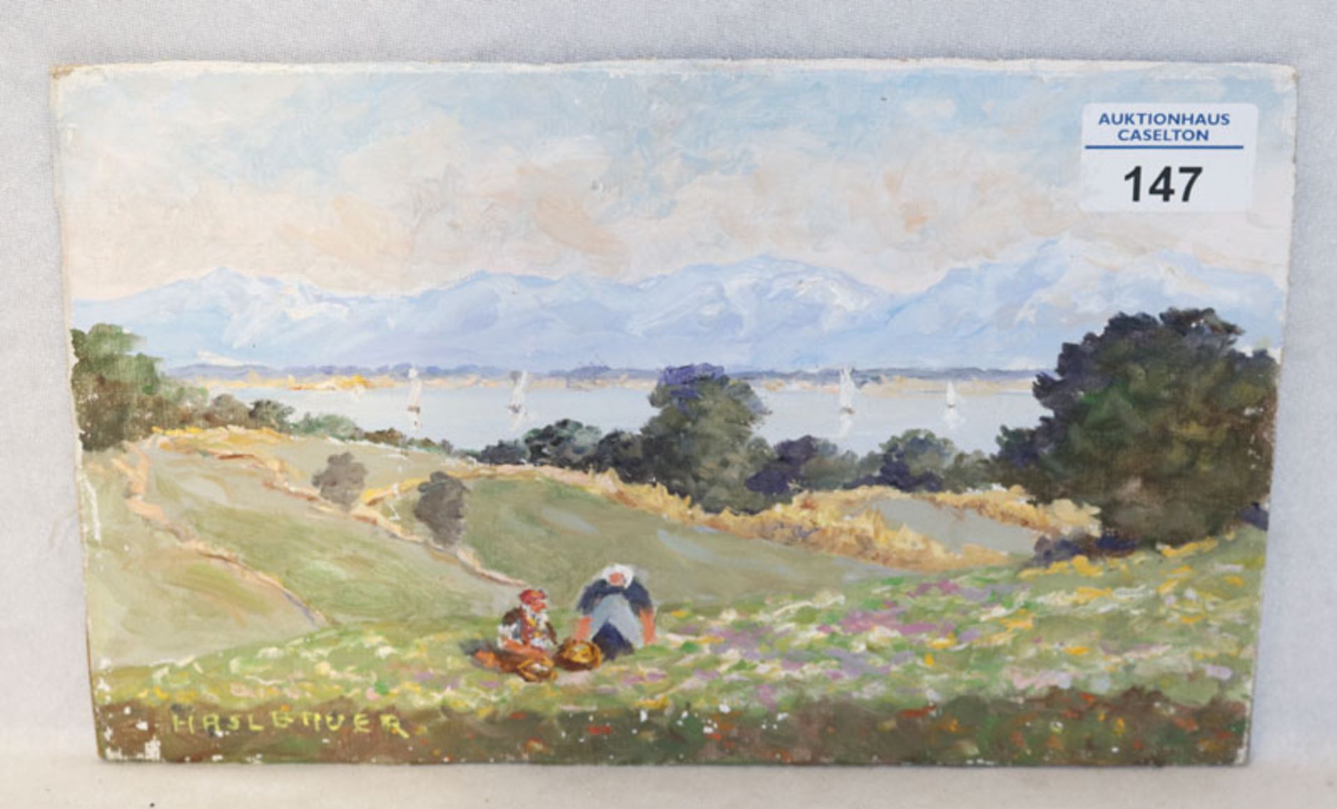 Gemälde ÖL/LW auf Hartfaser 'Blick auf Voralpenlandschaft mit See', signiert Haslbauer, Paul, * 1919