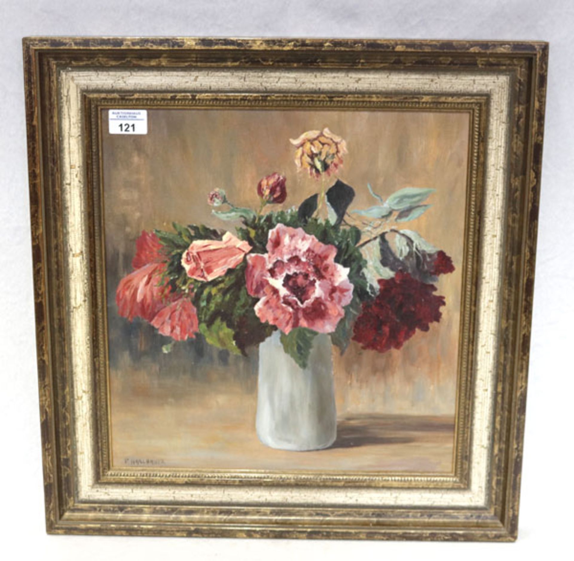 Gemälde ÖL/LW auf Holz 'Blumen in Vase, signiert Haslbauer, Paul, * 1919 München + 2016 München-