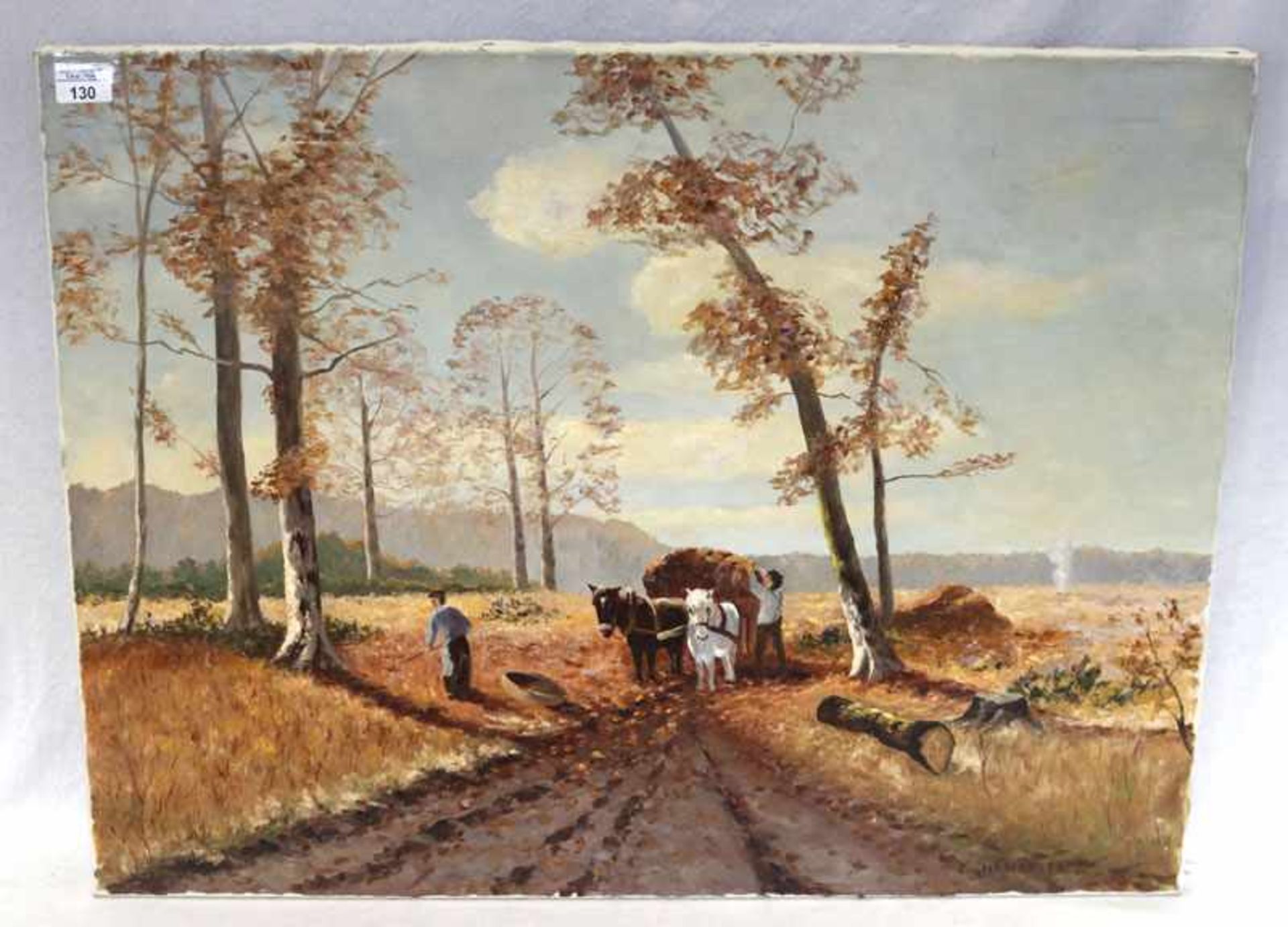 Gemälde ÖL/LW 'Pferdefuhrwerk in Herbstlandschaft mit Bauern beim Laubrechen', signiert Haslbauer,