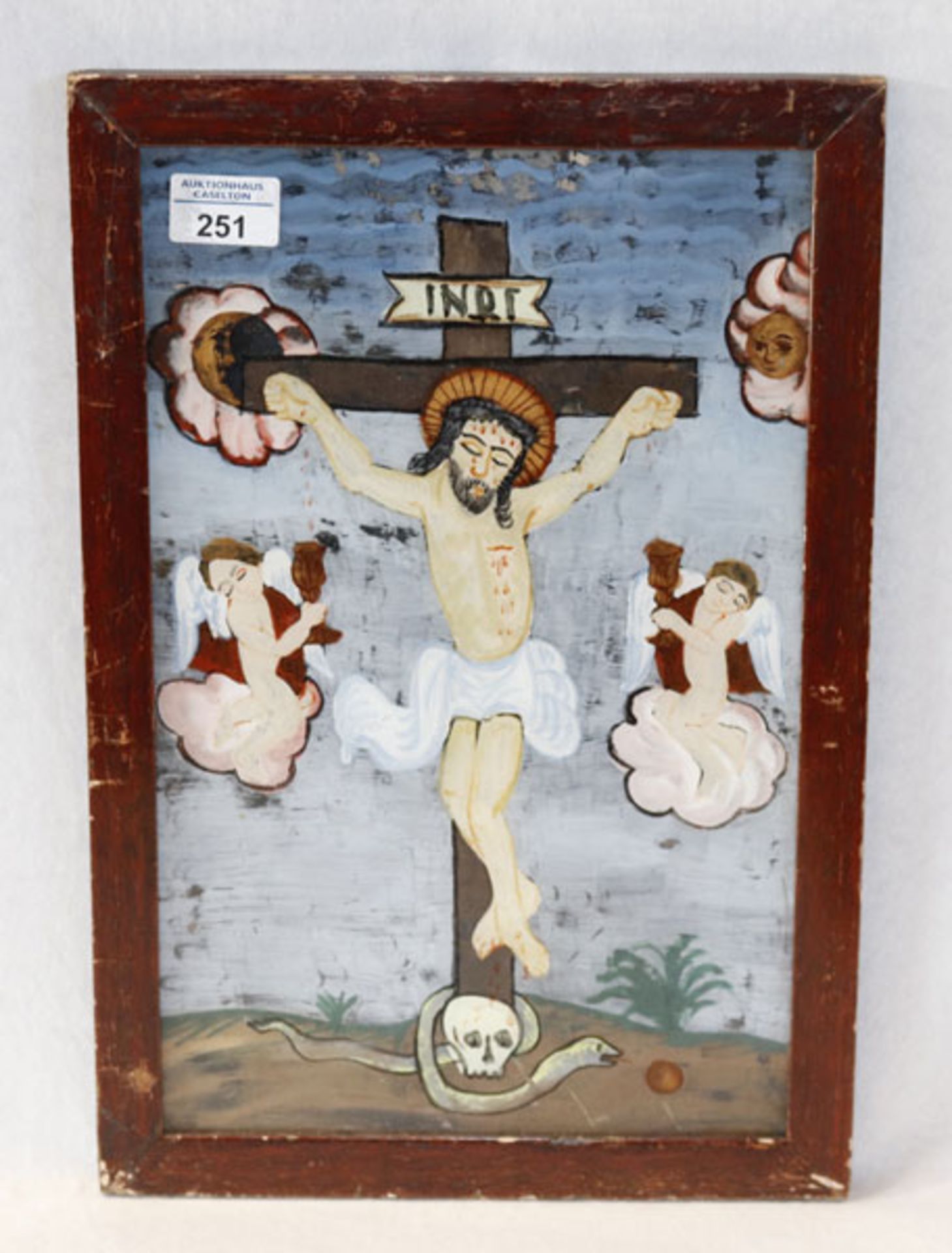 Hinterglasbild 'Jesus am Kreuz', ev. Böhmen, Bild und Rahmen beschädigt, incl. Rahmen 42 cm x 28 cm