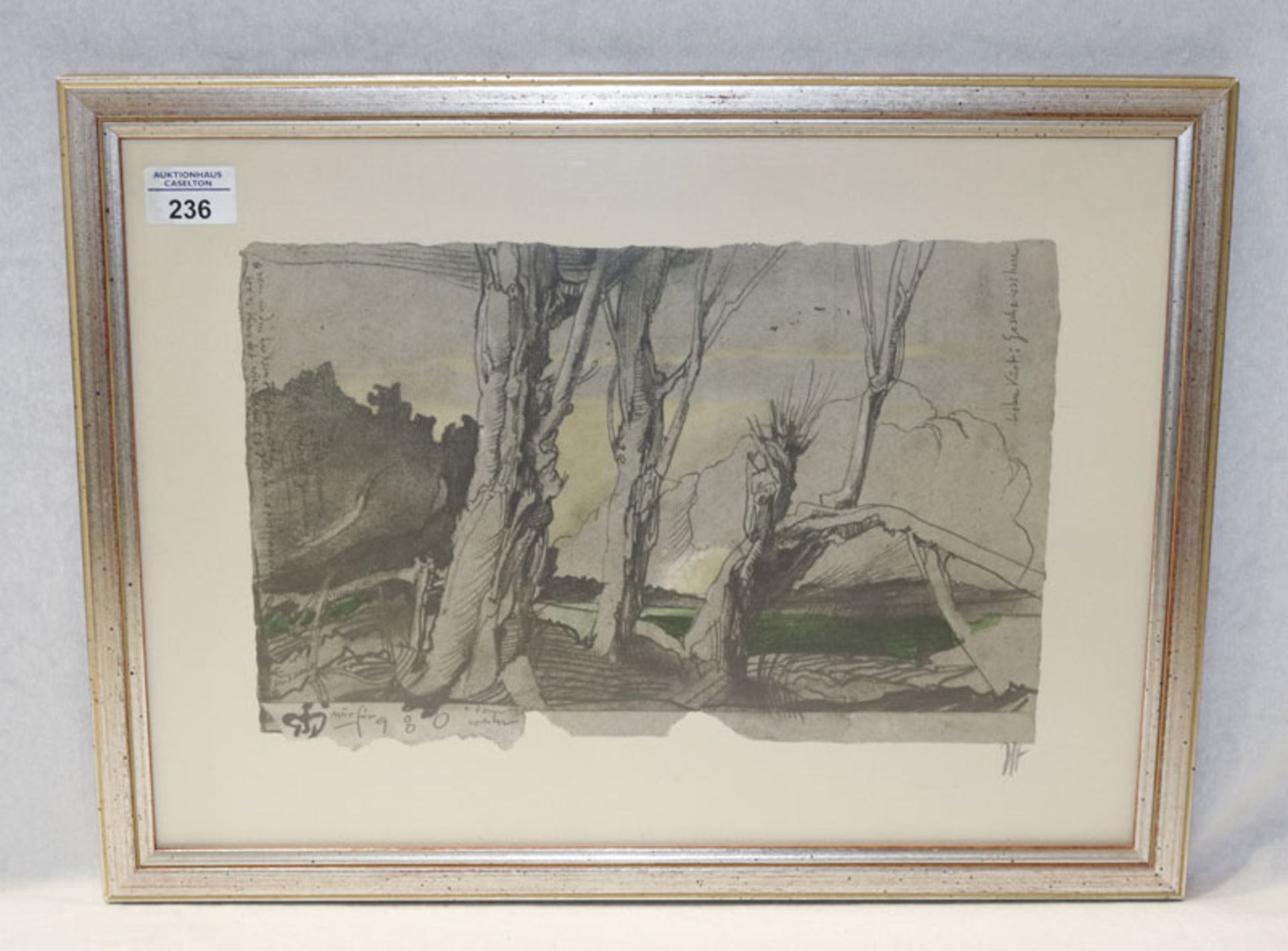 Lithographie 'Waldlandschaft', mit Monogramm JH für Horst Jansen, unter Glas gerahmt, Rahmen