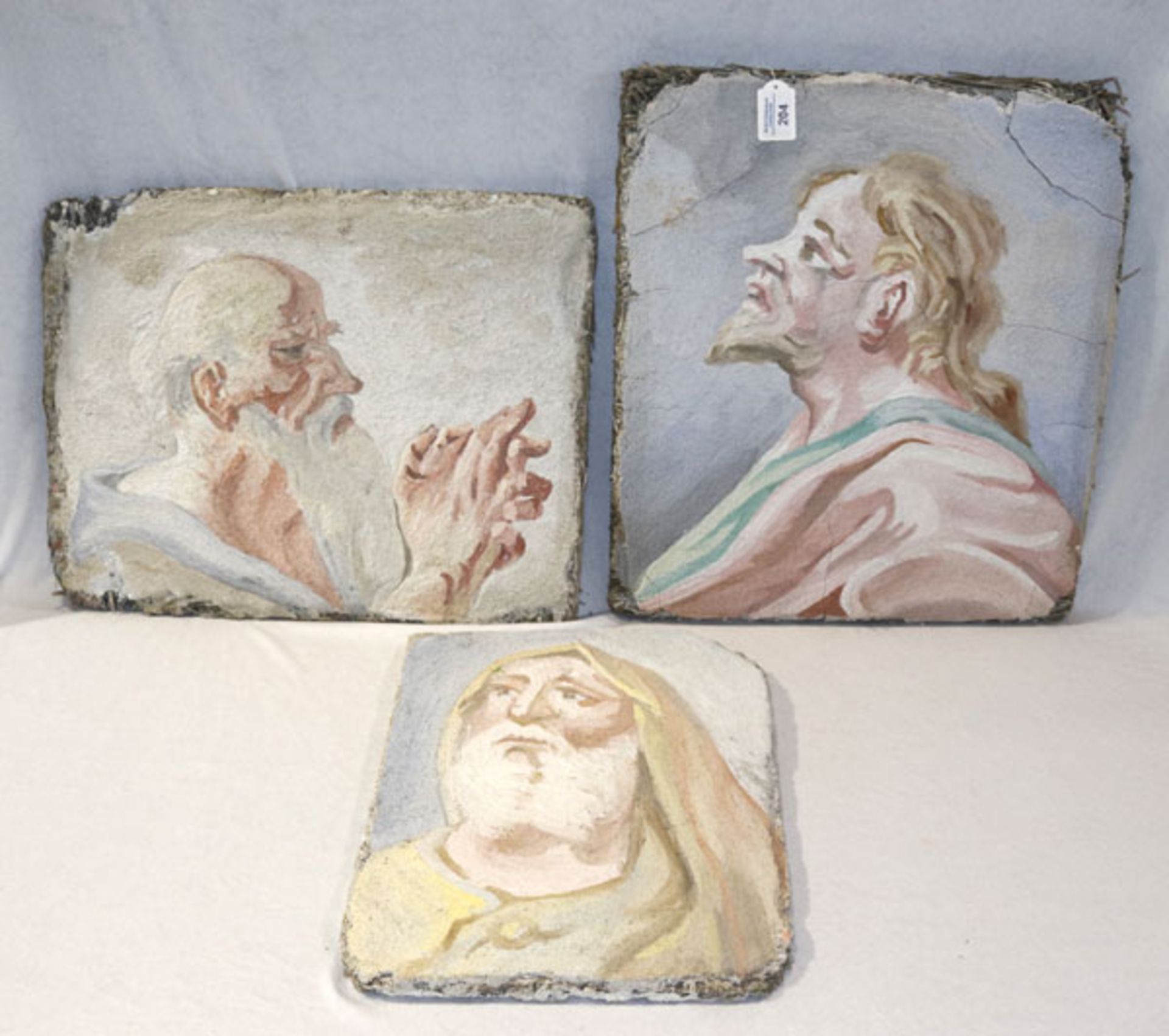 3 Freskenmalereien in der Art von Heinrich Bickel 'Portraits', teils beschädigt, 40/52 cm x 31/50
