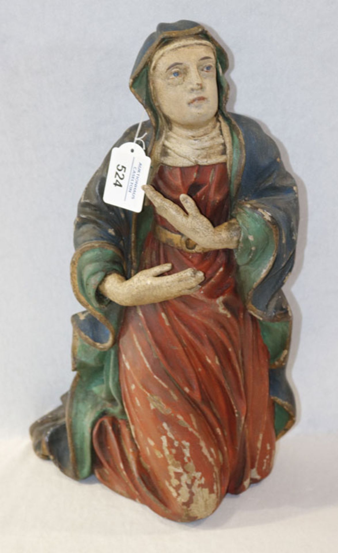 Holz Figurenskulptur 'Knieende Maria', farbig gefaßt, Fassung beschädigt, Früh 19. Jahrhundert, H 40