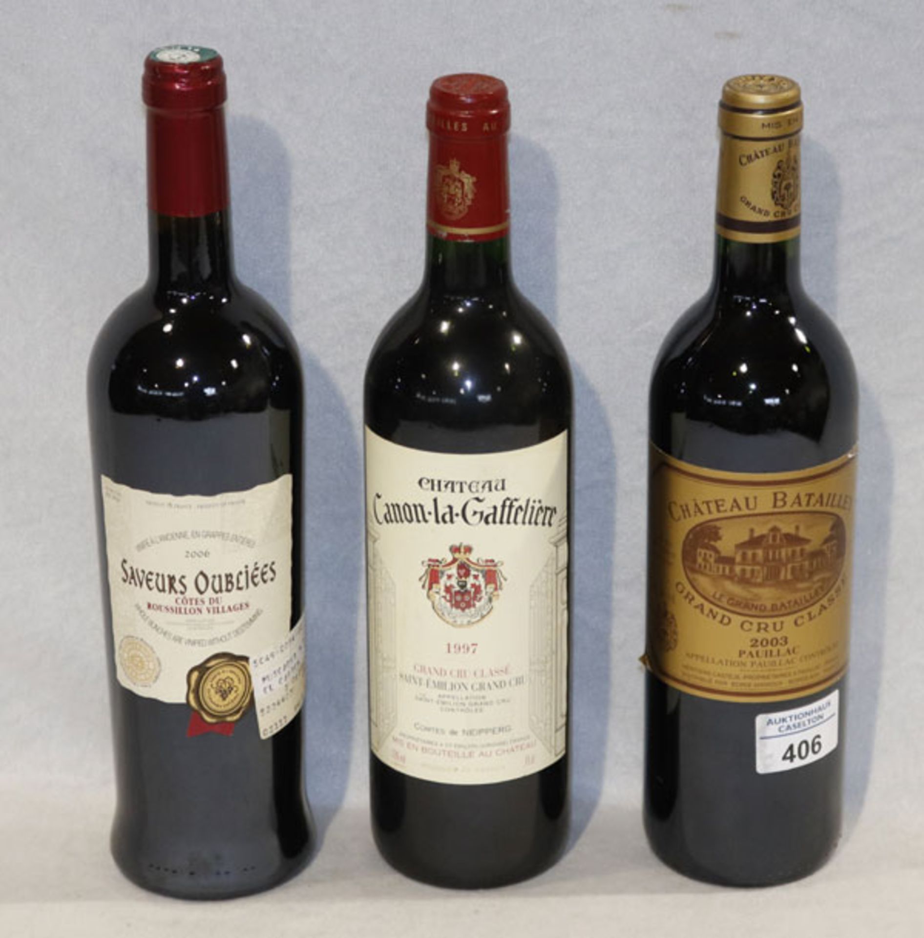 3 Flaschen französischer Rotwein: Chteau Canon la Gaffeliée, 1997, Saveurs Oubliées, 2006 und