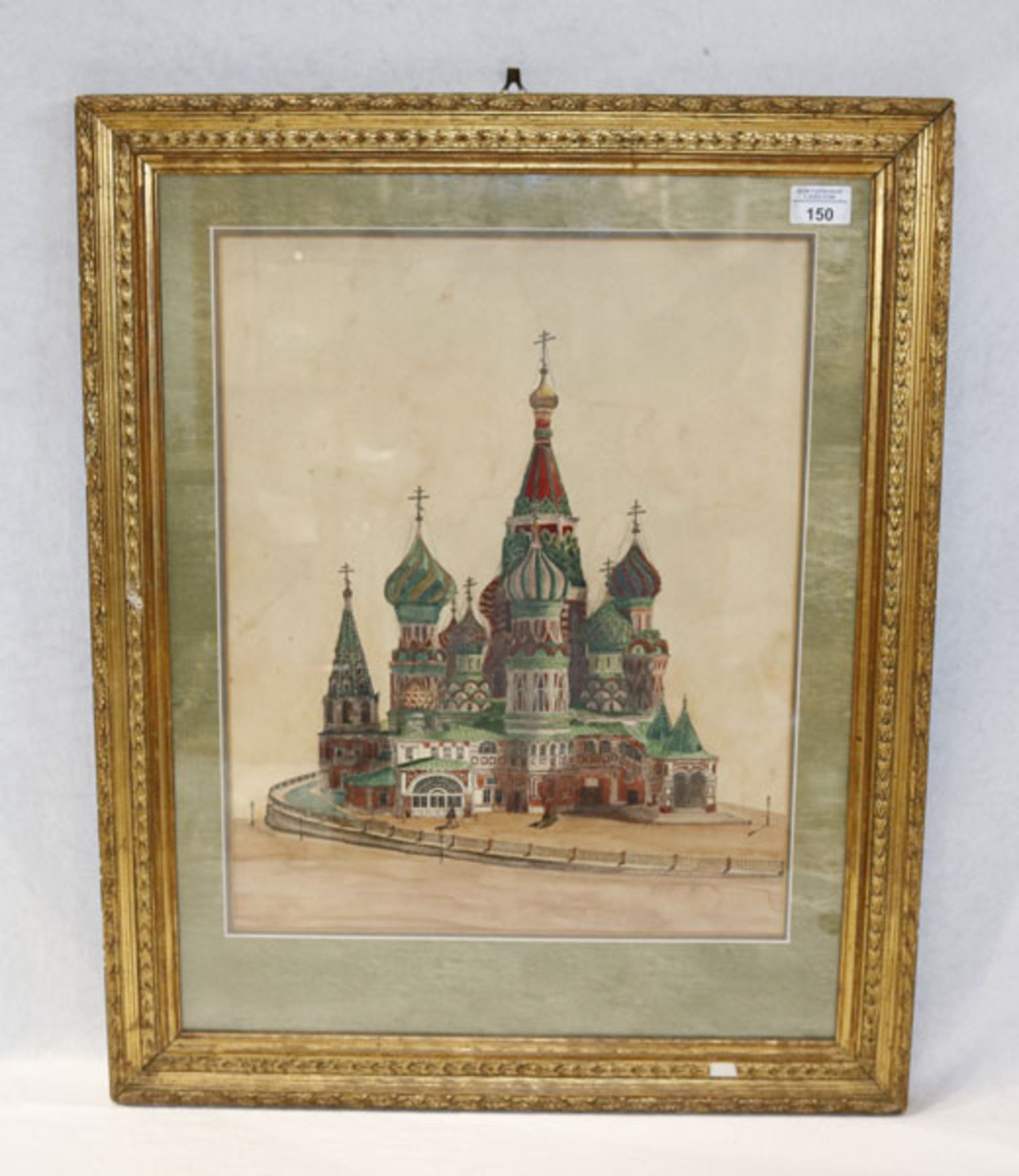 Druck, coloriert 'Russische Kirchenansicht', Blatt hat Wasserflecken, mit Passepartout unter Glas
