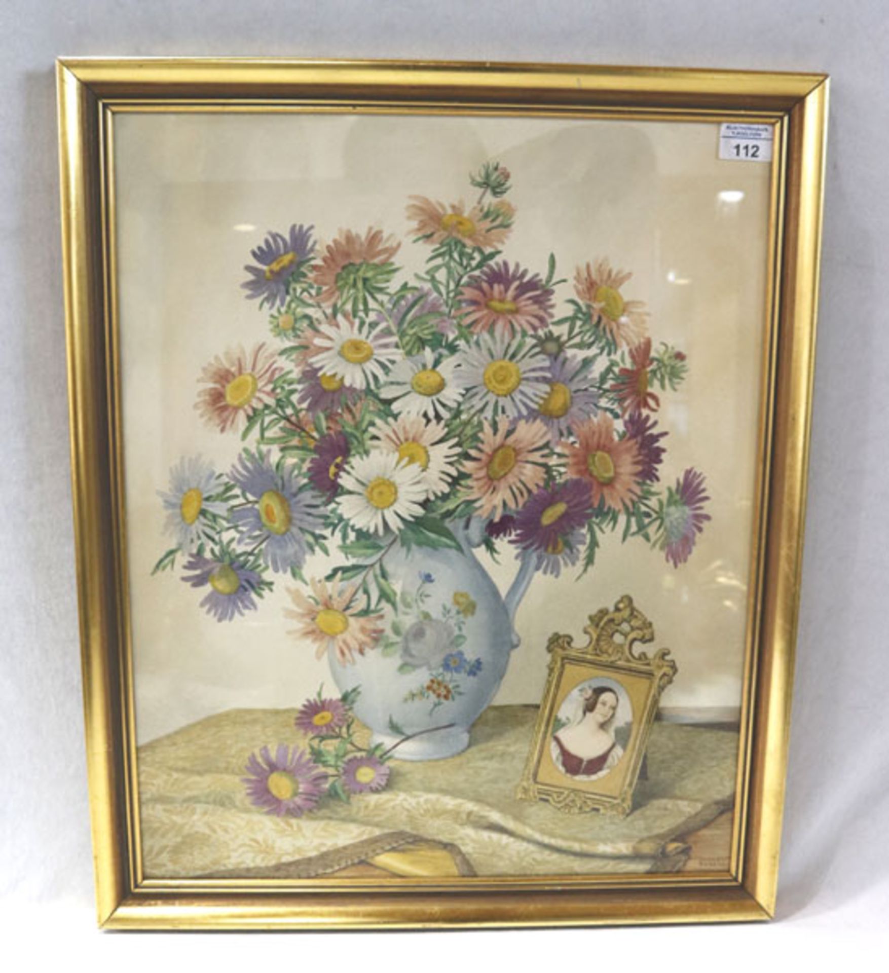 Aquarell 'Blumenstillleben in Vase mit Bild', signiert Alfred Bareis, * 1899 Wien + 1969, unter Glas