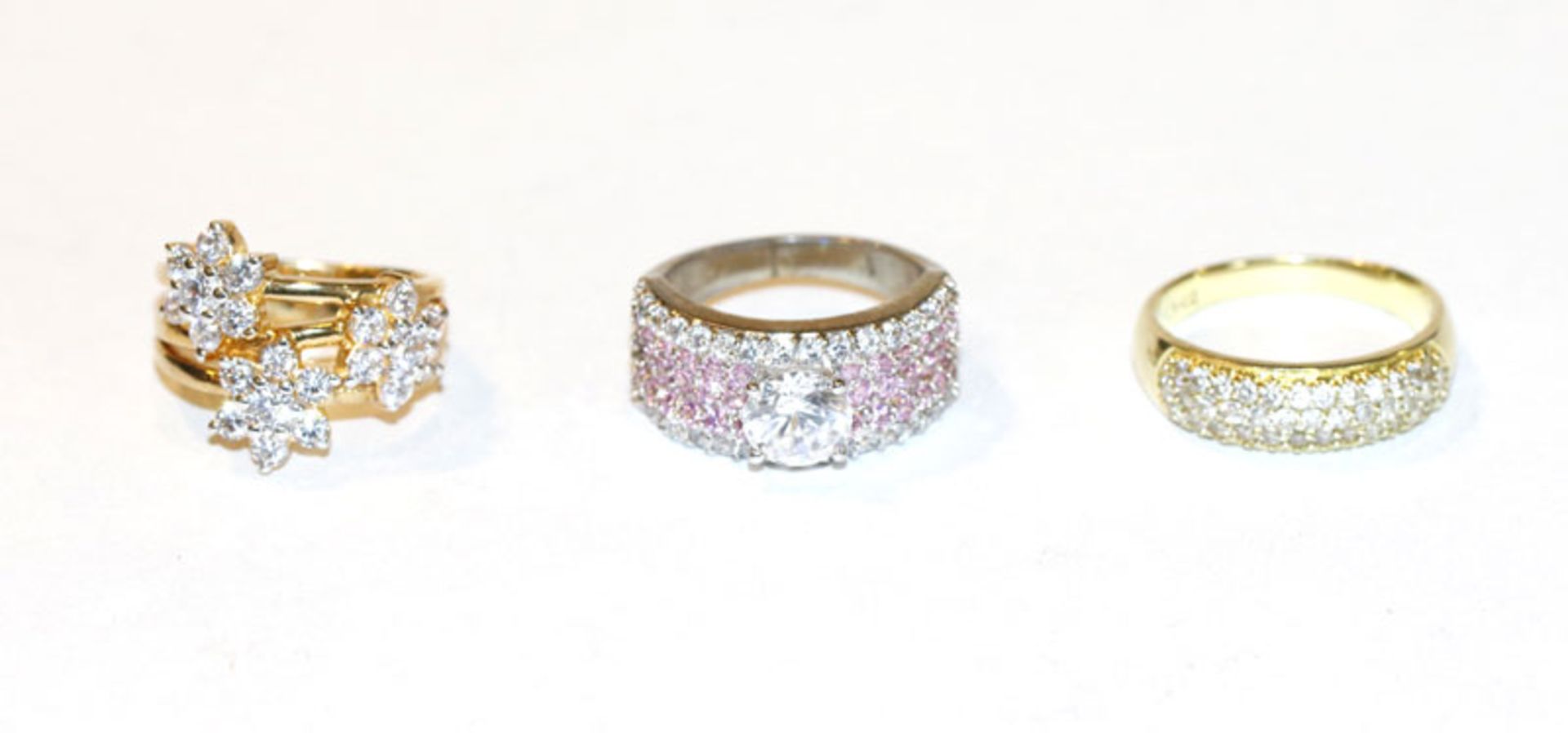 2 Sterlingsilber/vergoldete Ringe mit Glassteinen, Gr. 57/63 und ein Sterlingsilber Ring mit