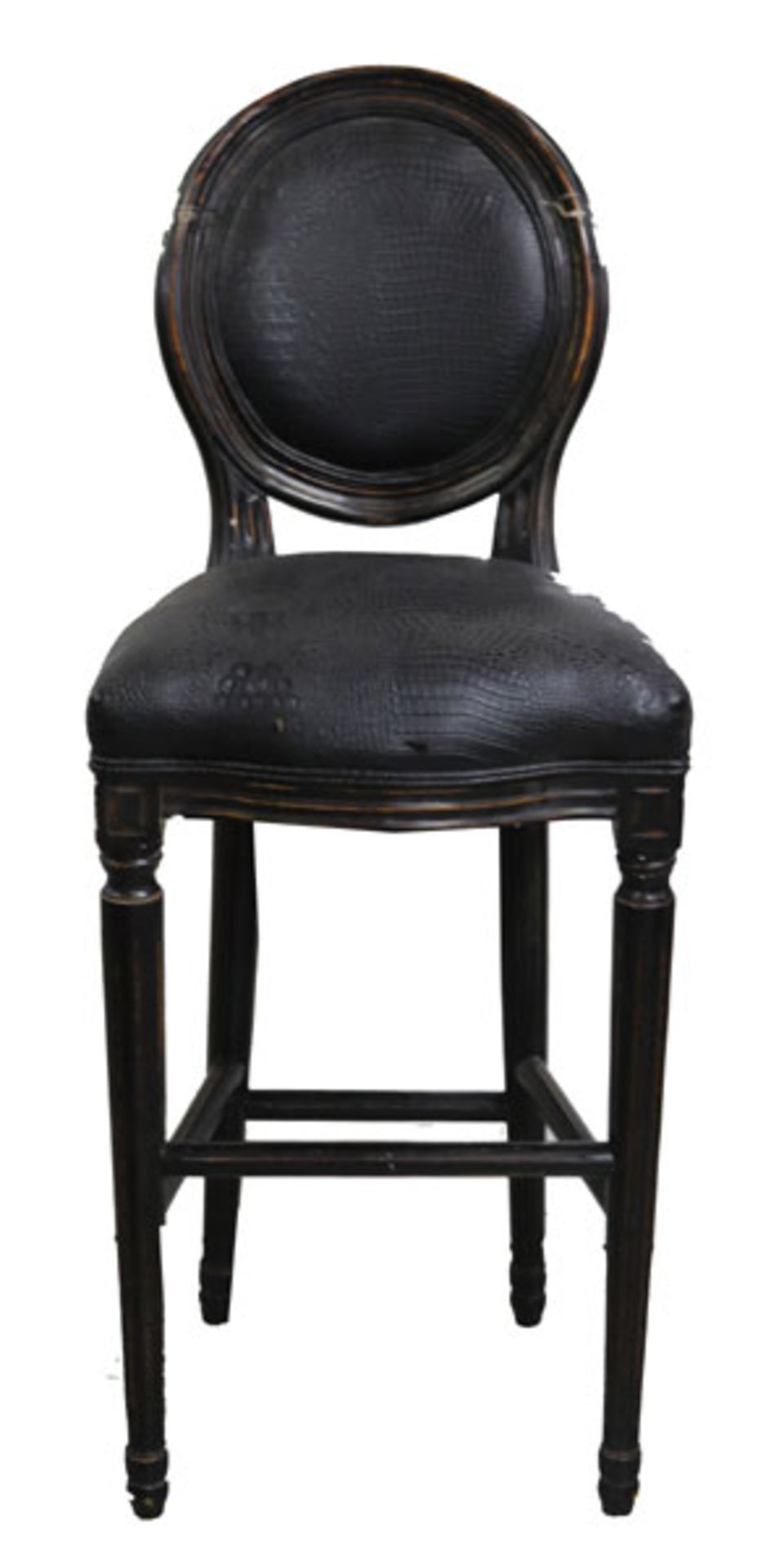 Paar schwarze Barhocker, Sitz und Lehne gepolstert, H 120 cm, B 49 cm, T 40 cm, stark beschädigt und