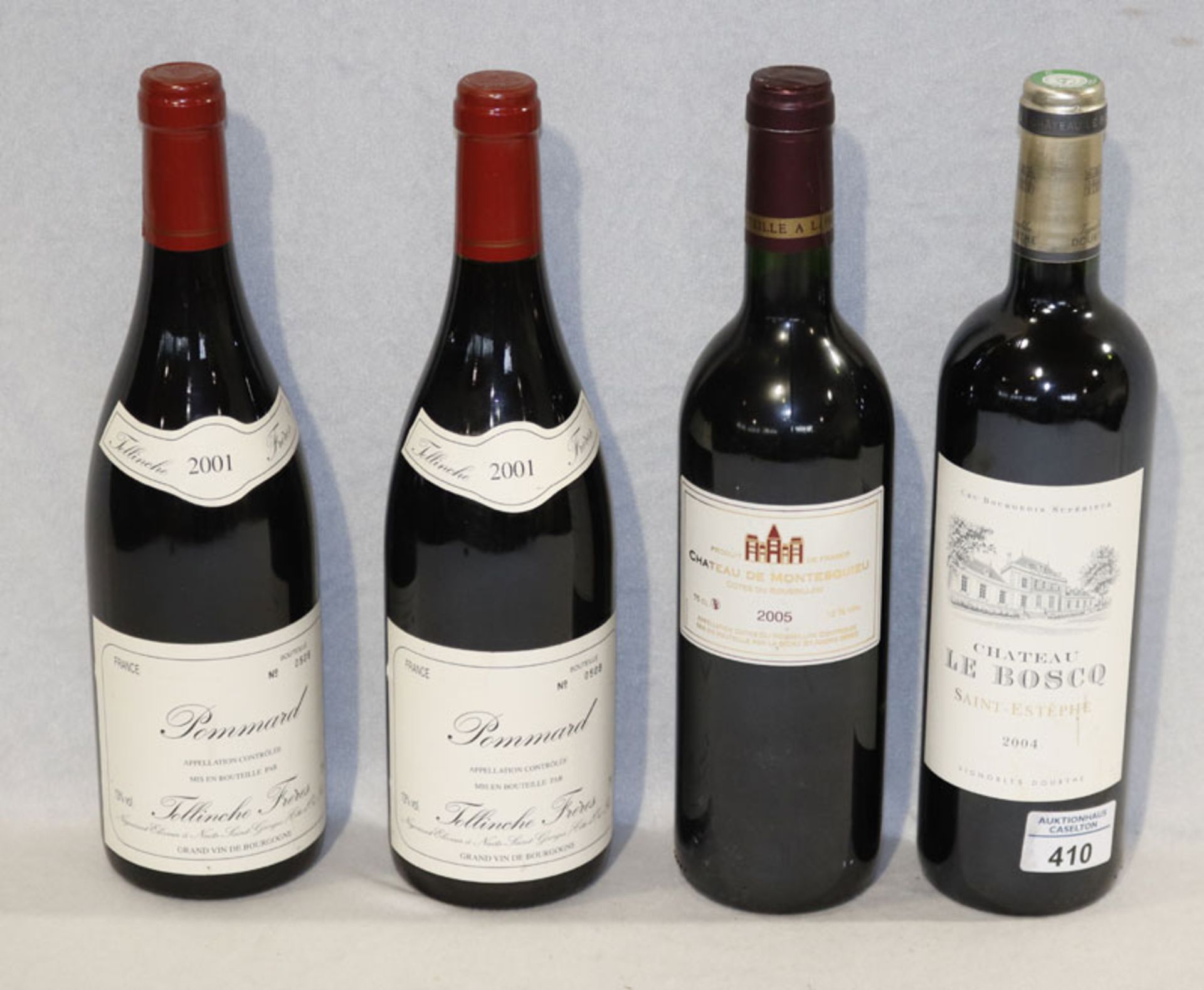 4 Flaschen französischer Rotwein, 2001 Pommard, 2004 Chateau Le Bosco und 2005 Chateau De