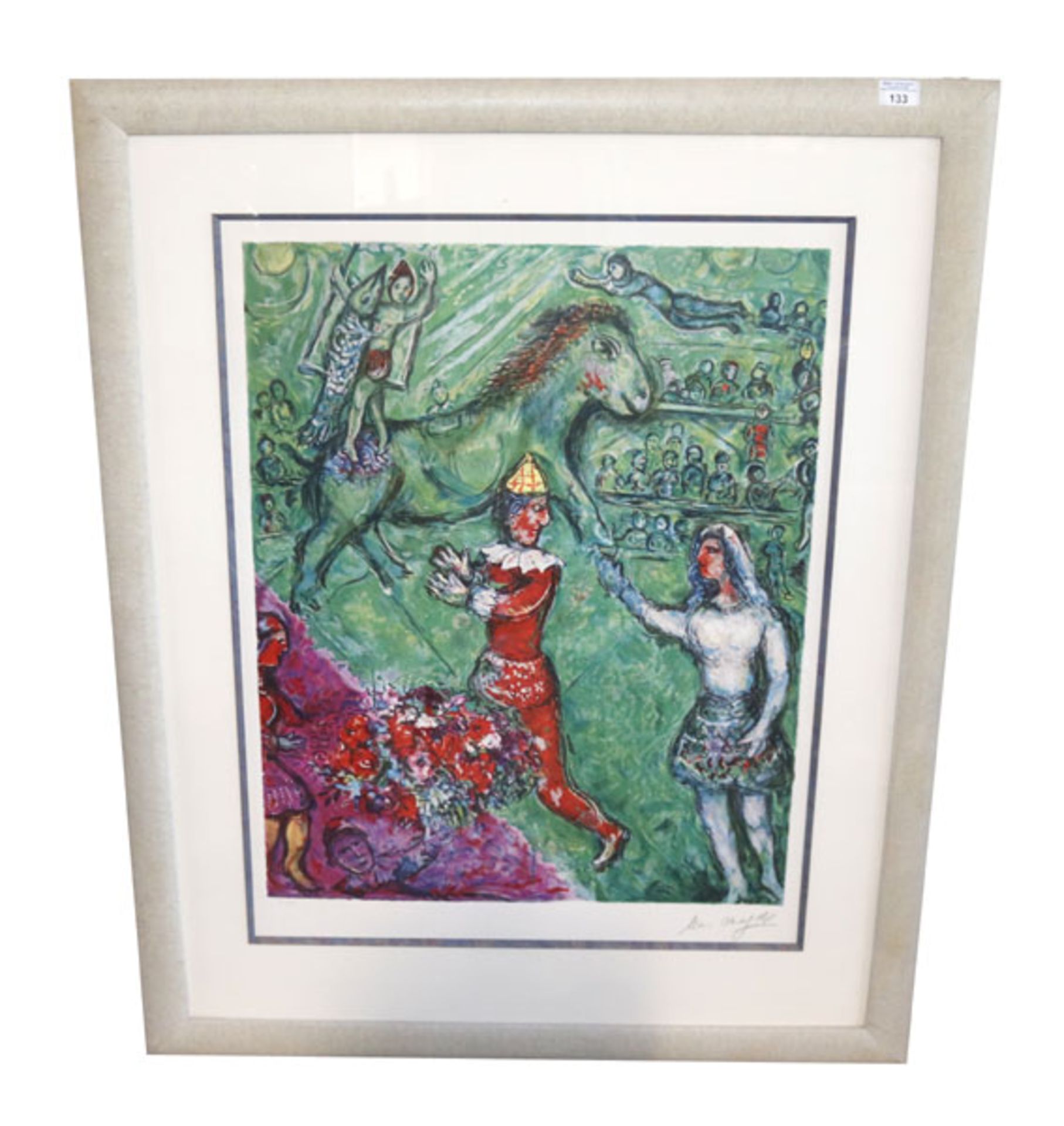 Lithographie 'Das Zirkuspferd', nach Marc Chagall, Nr. 24/500, mit Passepartout unter Glas