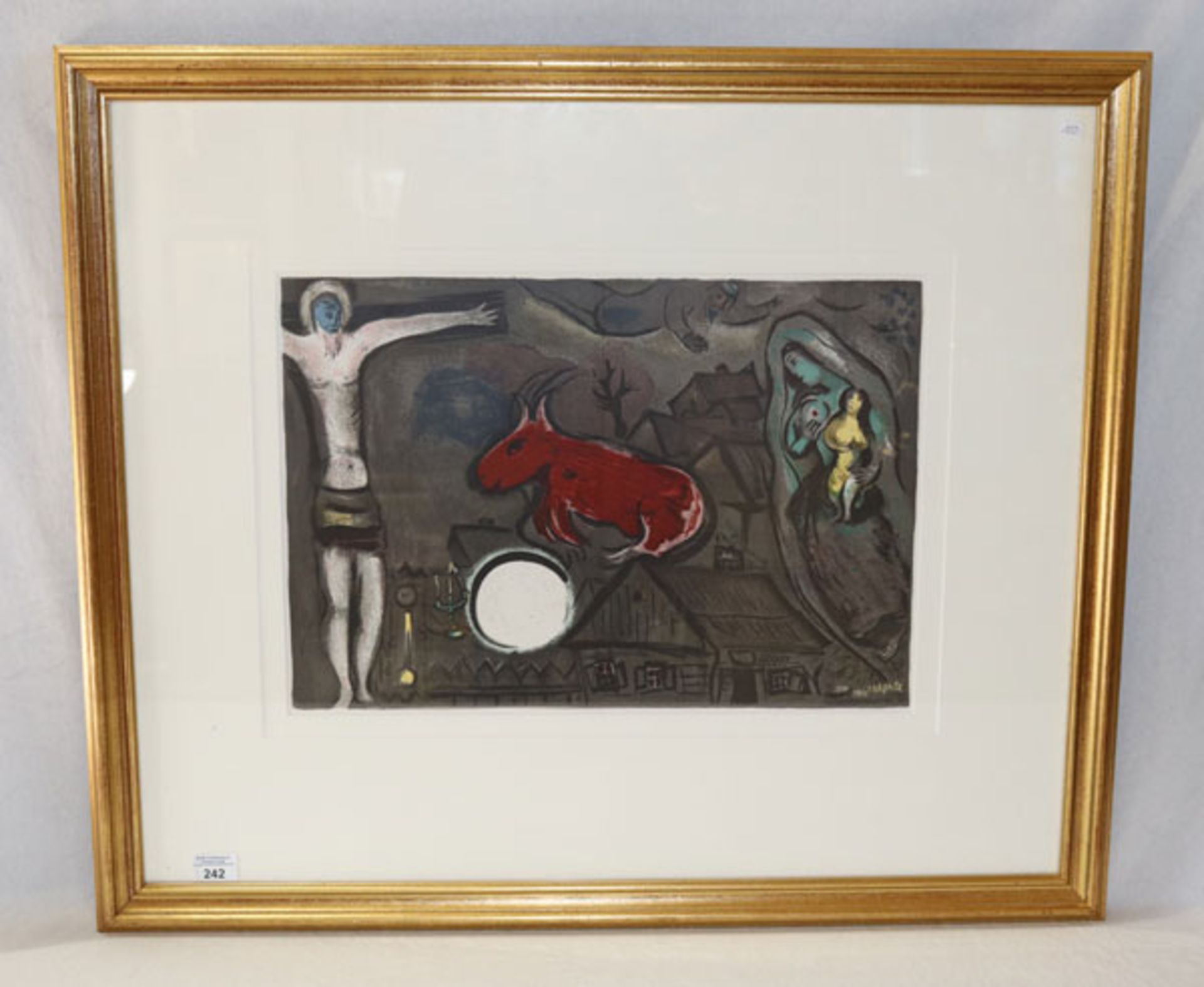 Druck 'Maria mit Kind und Jesus am Kreuz', nach Marc Chagall, mit Passepartout unter Glas gerahmt,