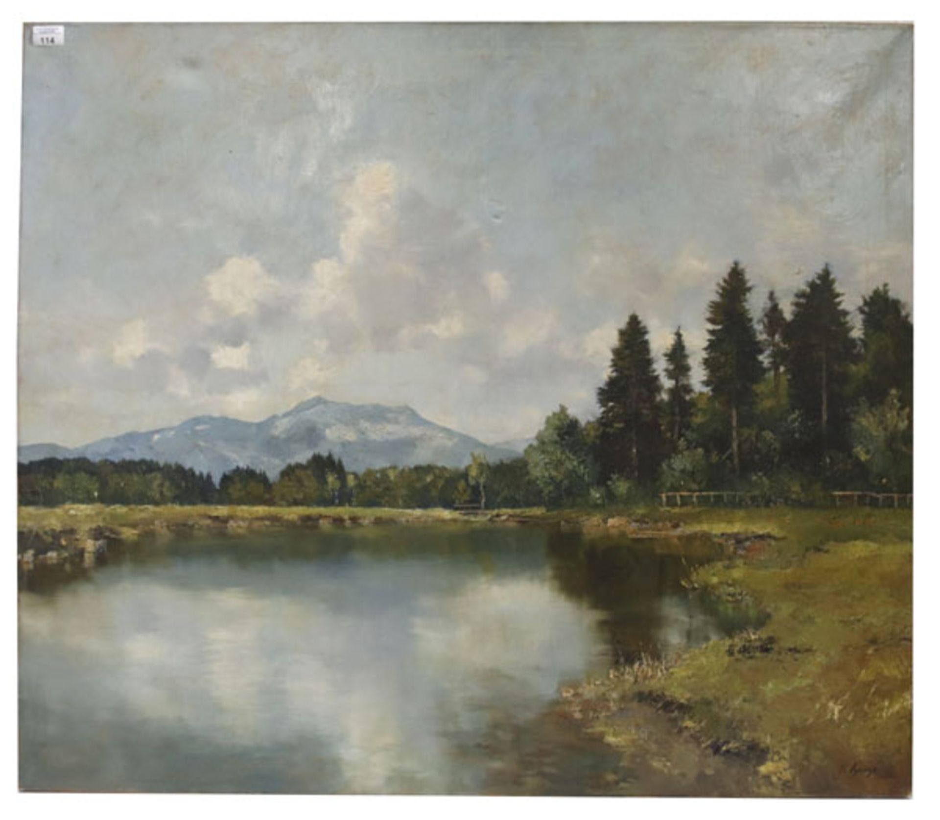 Gemälde ÖL/LW 'Gebirgslandschaft mit See', signiert J. Burger, Mchn., * 1887 + 1966, Landschafts-