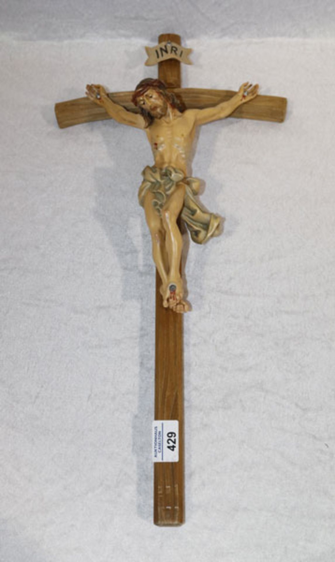 Holz Kreuz mit Korpus Christi, teils gefaßt, H 56 cm, B 27 cm