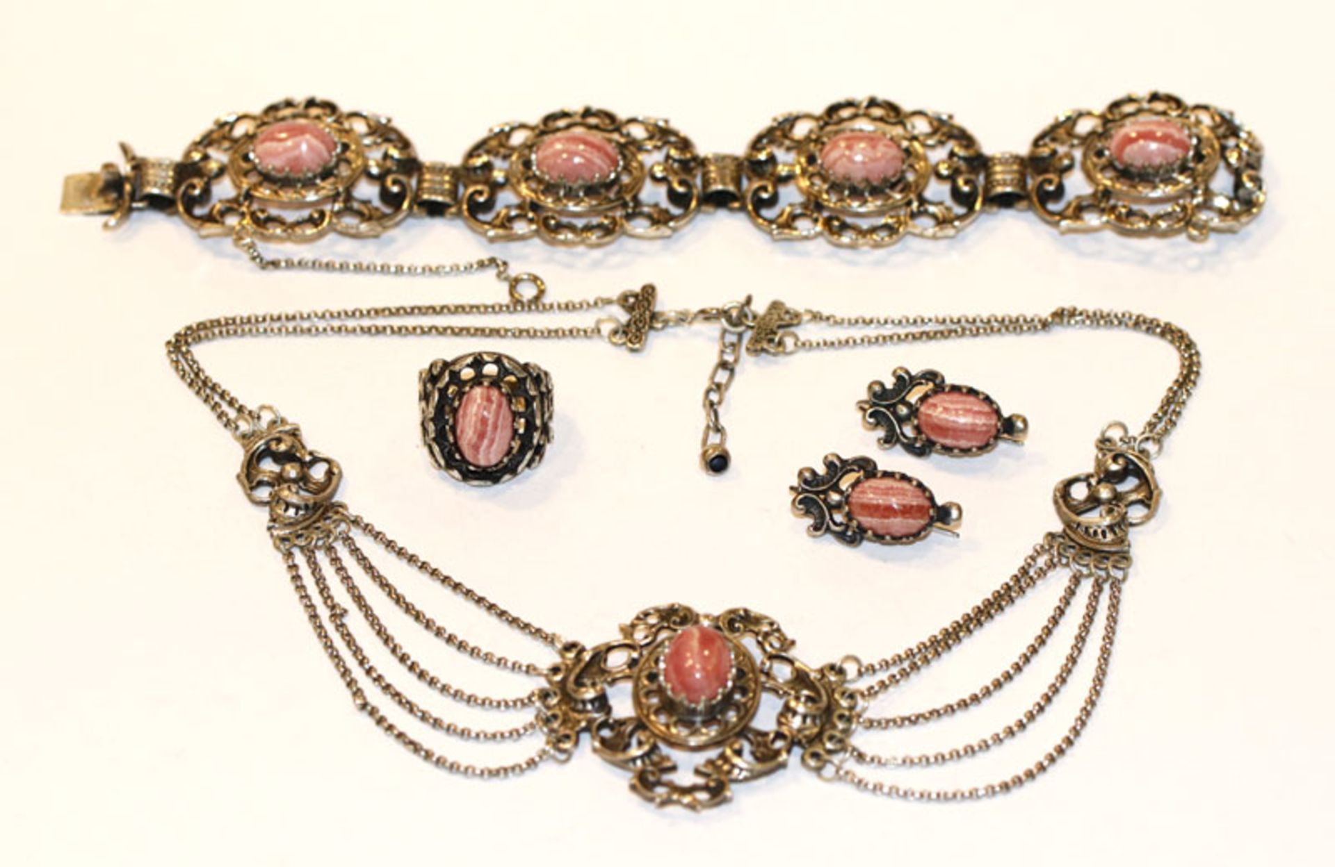 Silber Schmuck-Set mit Rhodochrosit: Collierkette, L 40 cm, Armband, L 19 cm, Paar Ohrhänger, l 3