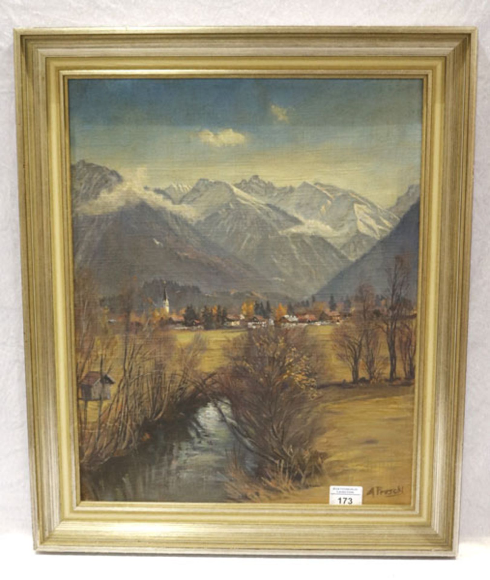 Gemälde ÖL/Hartfaser 'Dorf vor Hochgebirge', signiert A. Preschl, gerahmt Rahmen bestossen, incl.