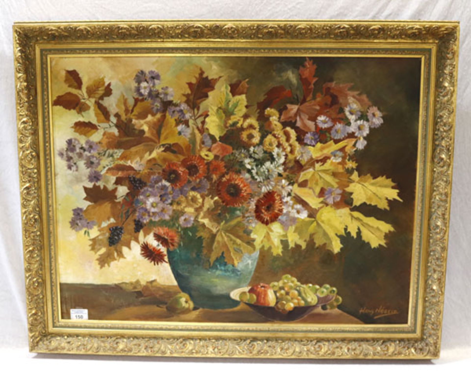 Gemälde ÖL/Hartfaser 'Herbstlicher Blumenstrauß in Vase mit Obstschale', signiert Hans Nägele,