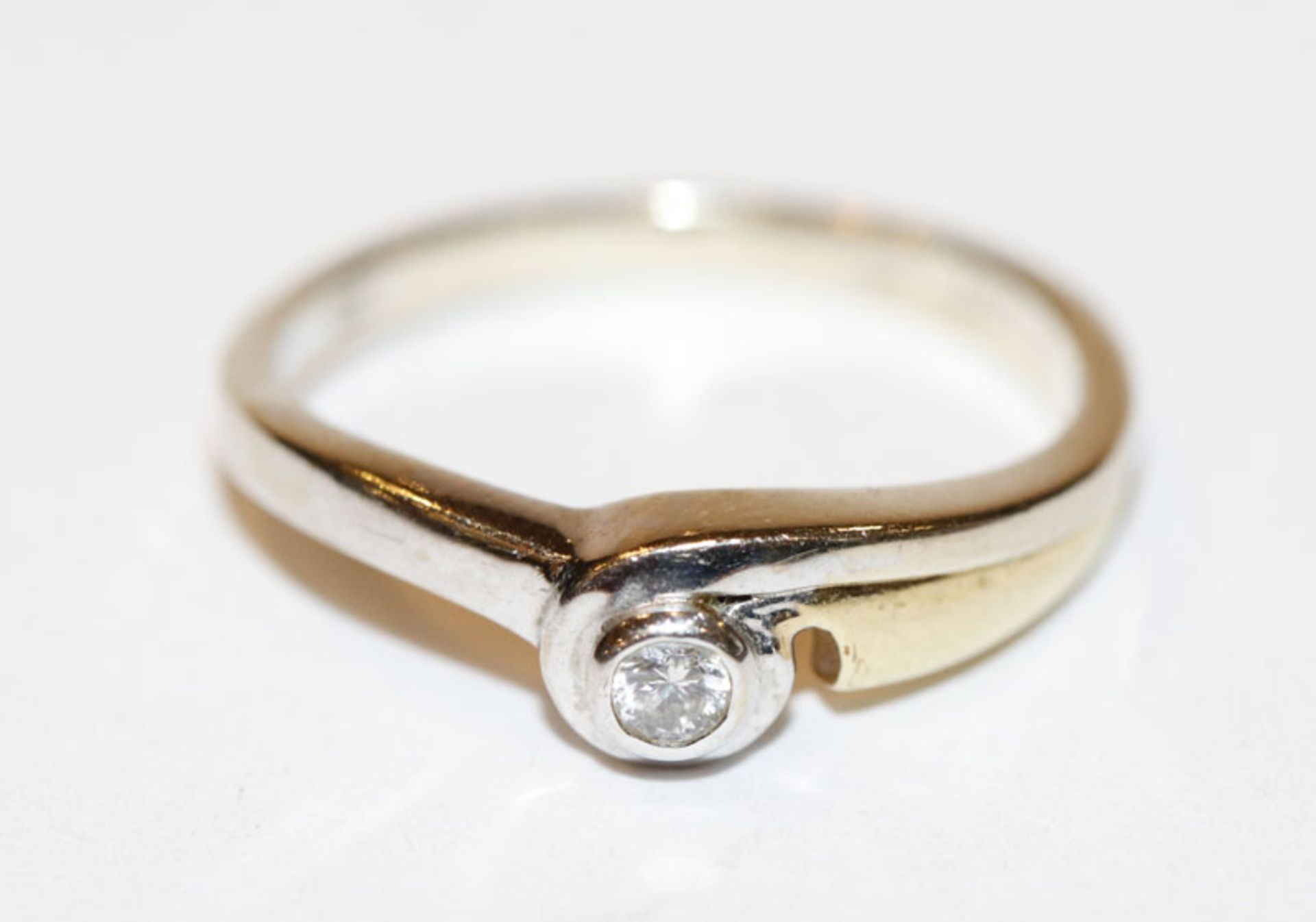 14 k Weiß- und Gelbgold Ring mit Diamant, Gr. 51