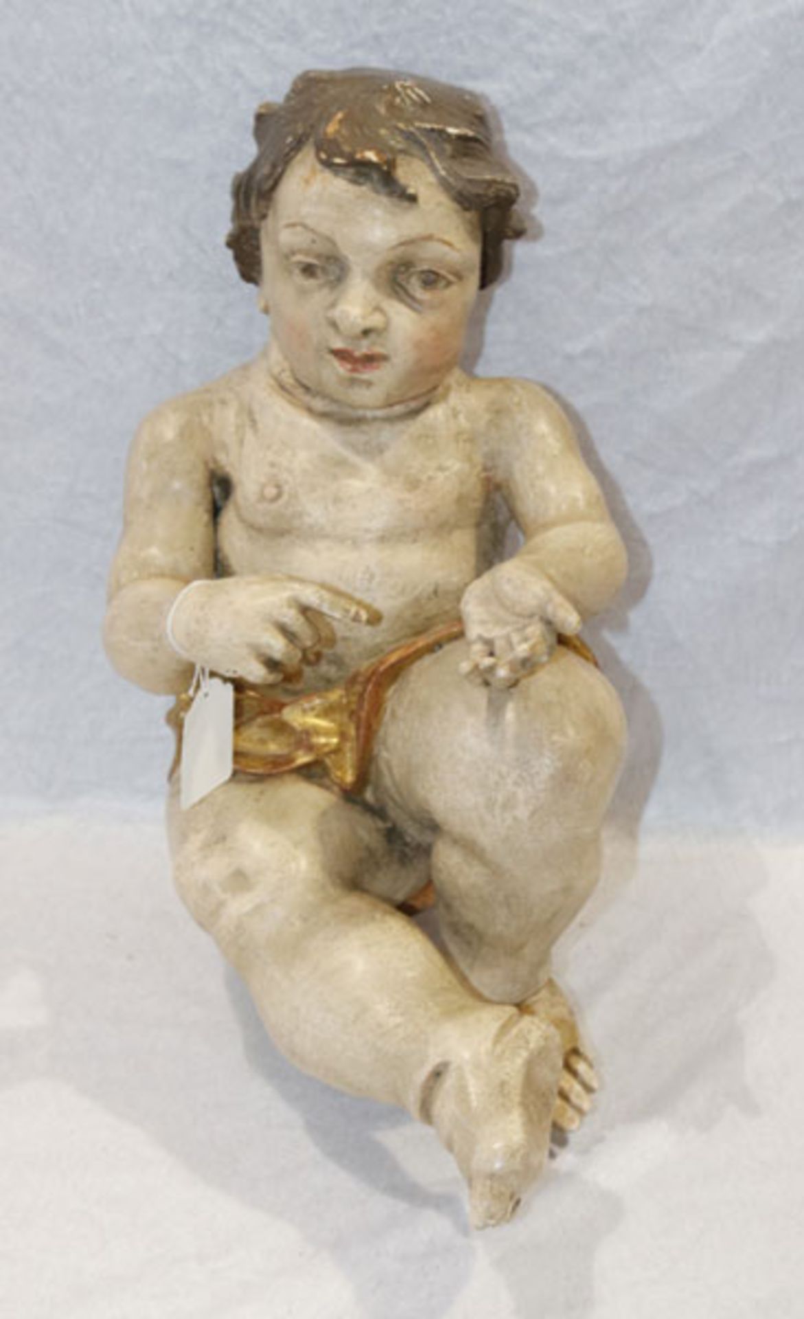 Holz Figurenskulptur 'Jesuskind', gefaßt, 19. Jahrhundert, teils bestossen und Fassung leicht