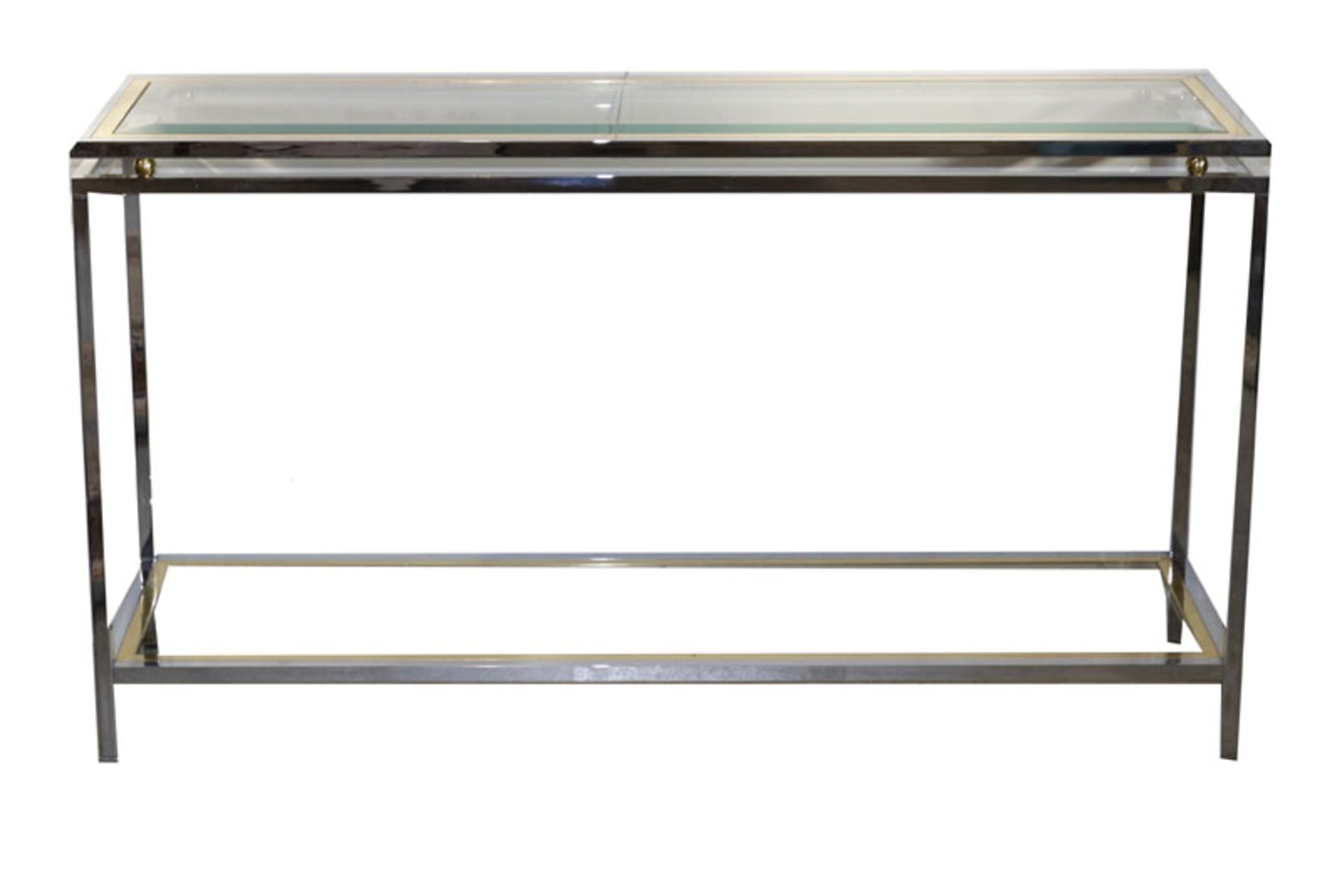 Rechteckiger Wandtisch, Metall/Glas, Tischplatte mit Facettenschliff, und Glasablage, H 74 cm, B 130