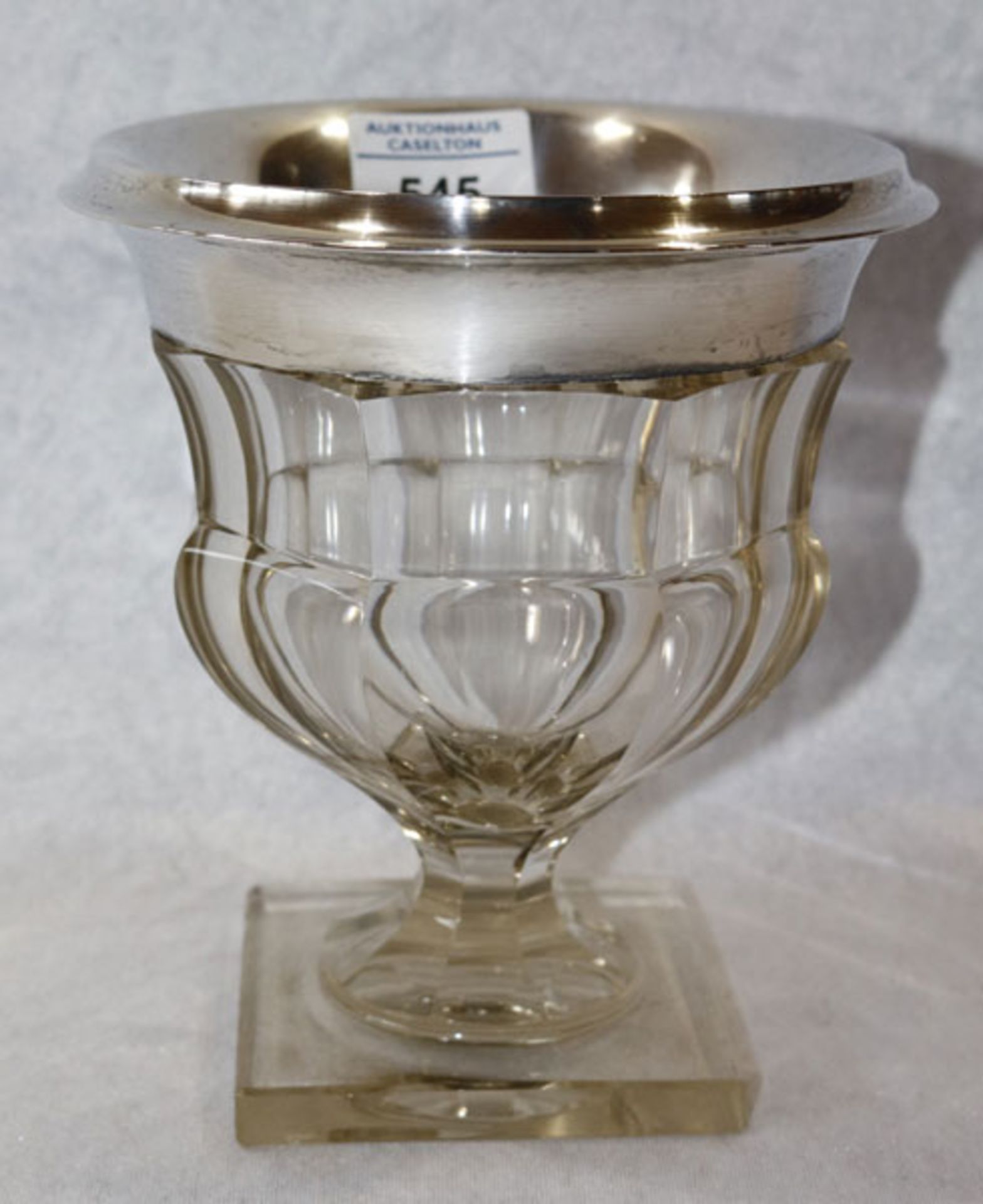 Glas Pokalschale mit 800 Silberrand, H 18 cm, D 16 cm, Gebrauchsspuren