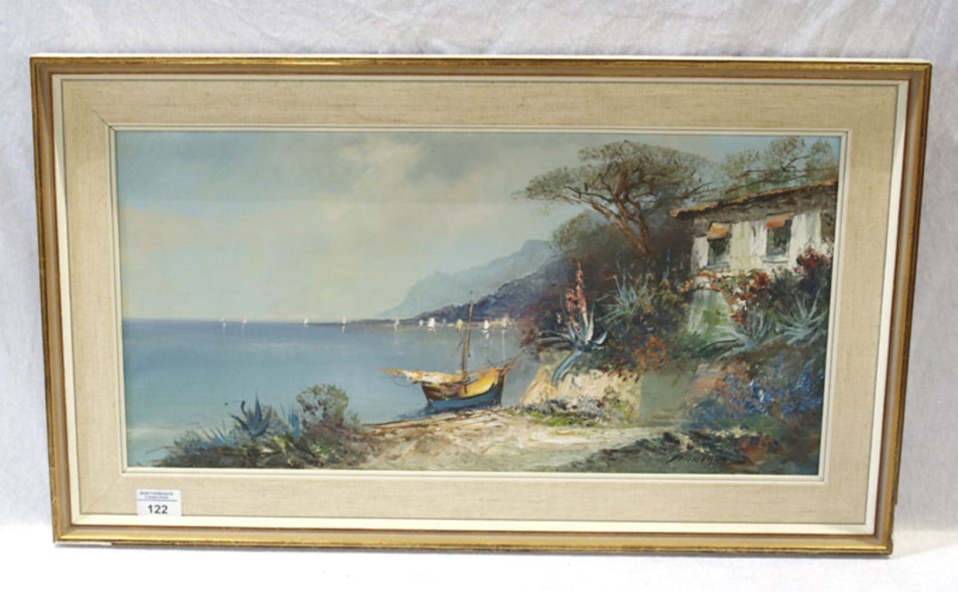 Gemälde ÖL/LW 'Italienische Seelandschaft', undeutlich signiert, gerahmt, Rahmen beschädigt, incl.