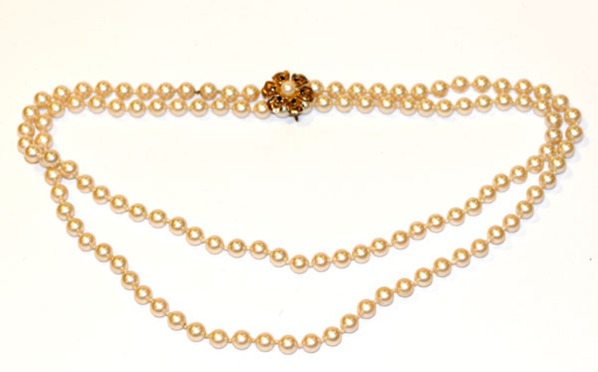 Endlos Perlenkette, L 98 cm, mit Silber/vergoldetem Perlenclip in Blütenform mit Perlen und 6