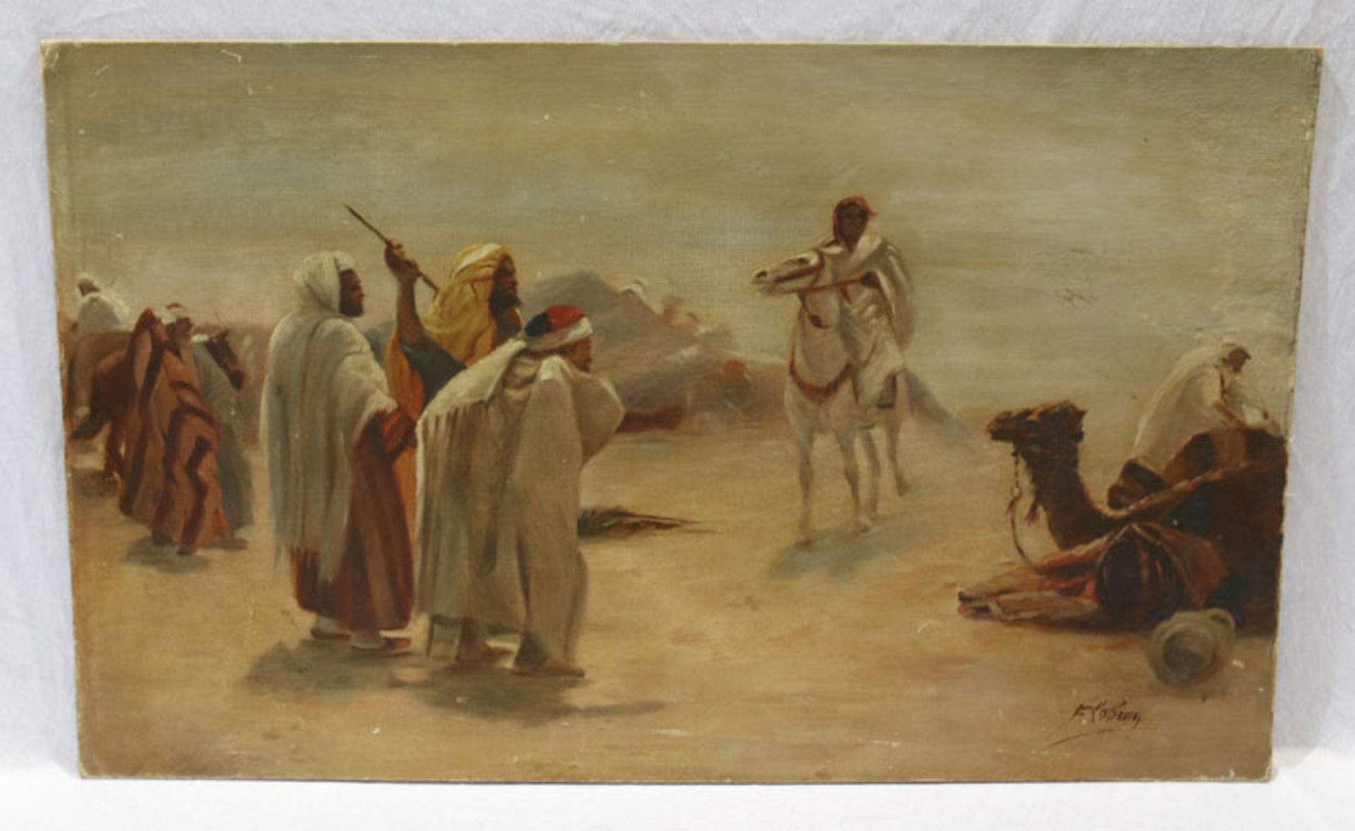 Gemälde ÖL/LW aufgeklebt 'Araber mit Kamel und Pferd', signiert F. Lebrun, Bildoberfläche teils