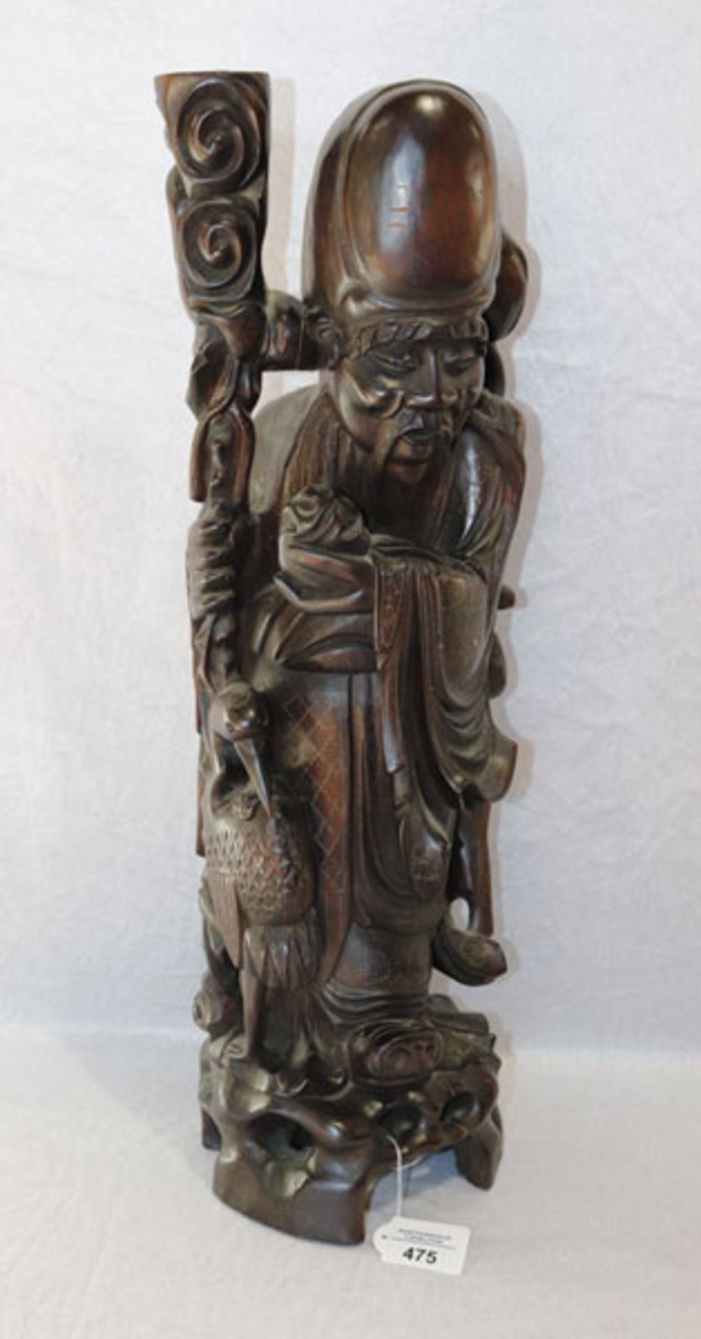 Ebenholz Figurensulptur 'Asiate mit Vogeldarstellung', Holz teils mit Silberdraht intarsiert,