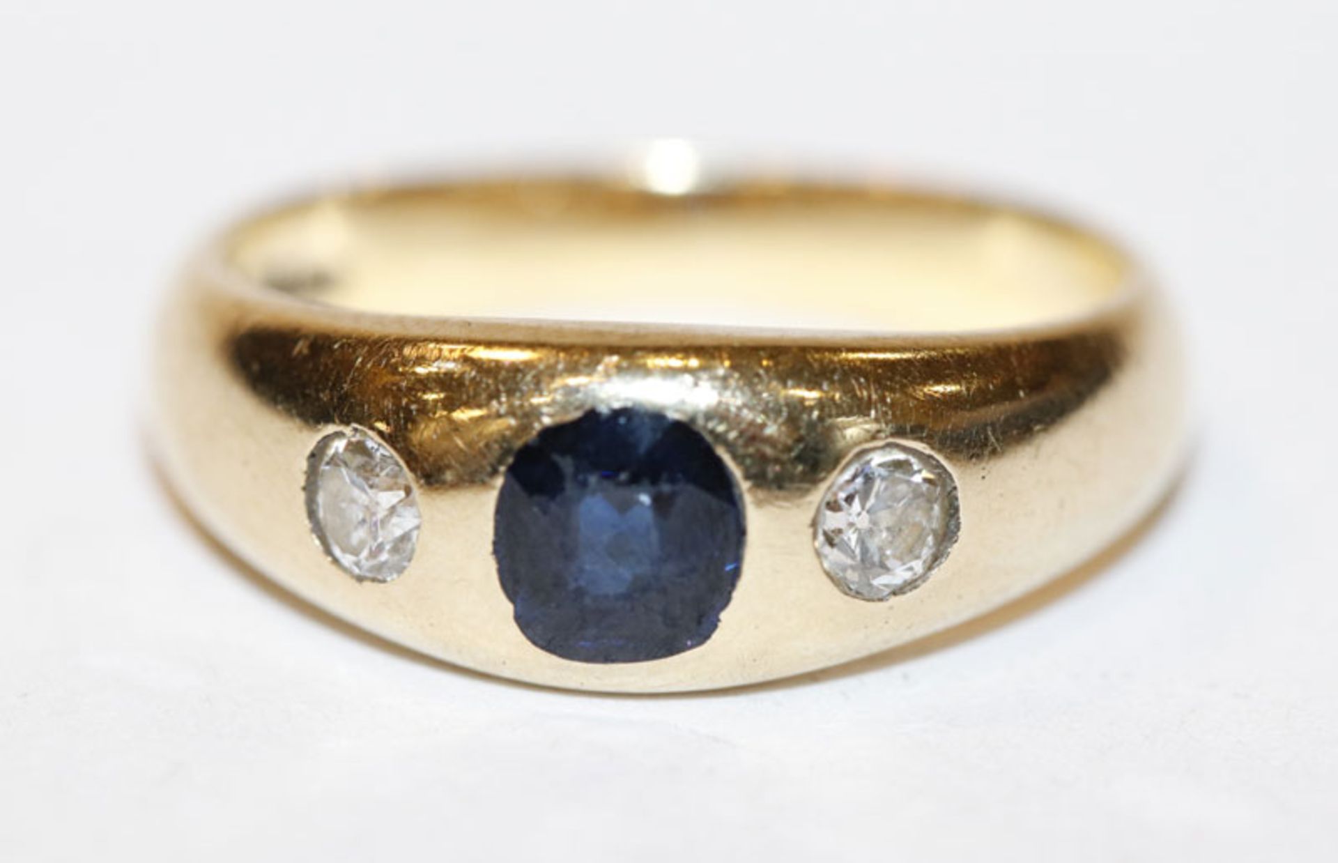 14 k Gelbgold Bandring mit Safir und 2 Diamanten, 5,3 gr., Gr. 51