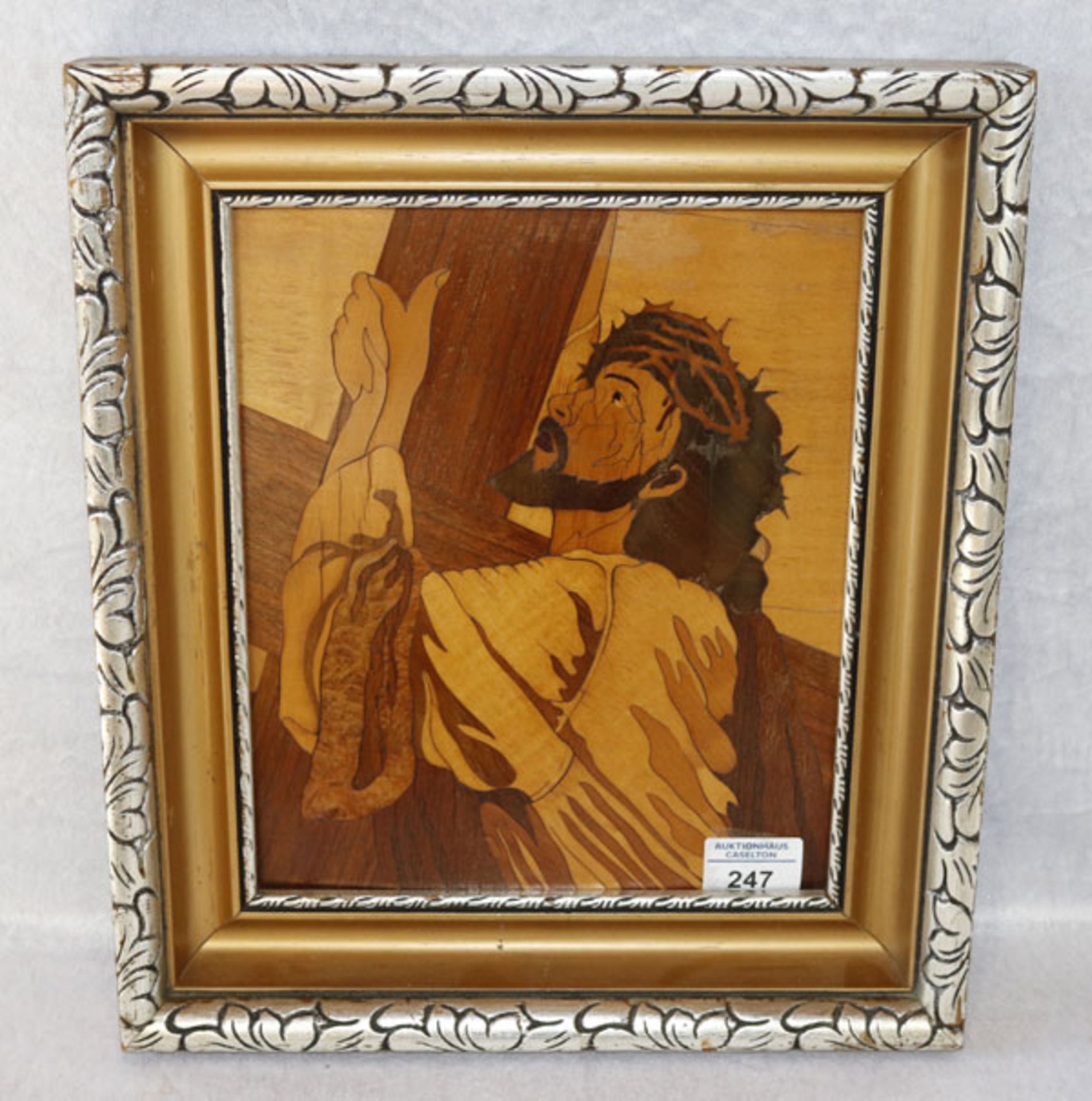 Holz Intarsienbild 'Christus', gerahmt, Rahmen beschädigt, incl. Rahmen 37 cm x 32 cm