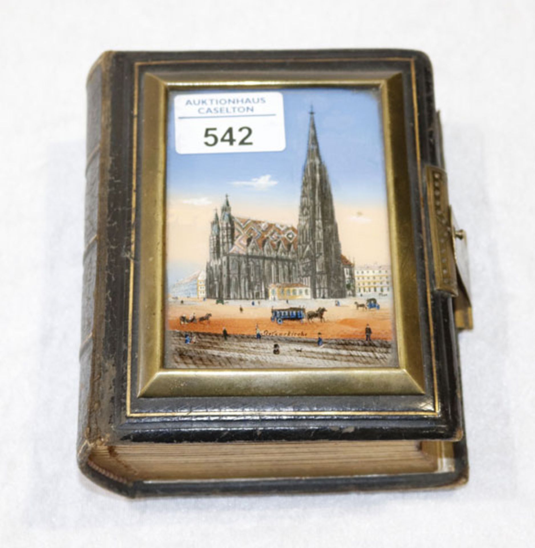Fotoalbum, leer, Ledereinband mit Hinterglasbild 'Stefanskirche', T 6 cm, B 13 cm, H 15 cm,