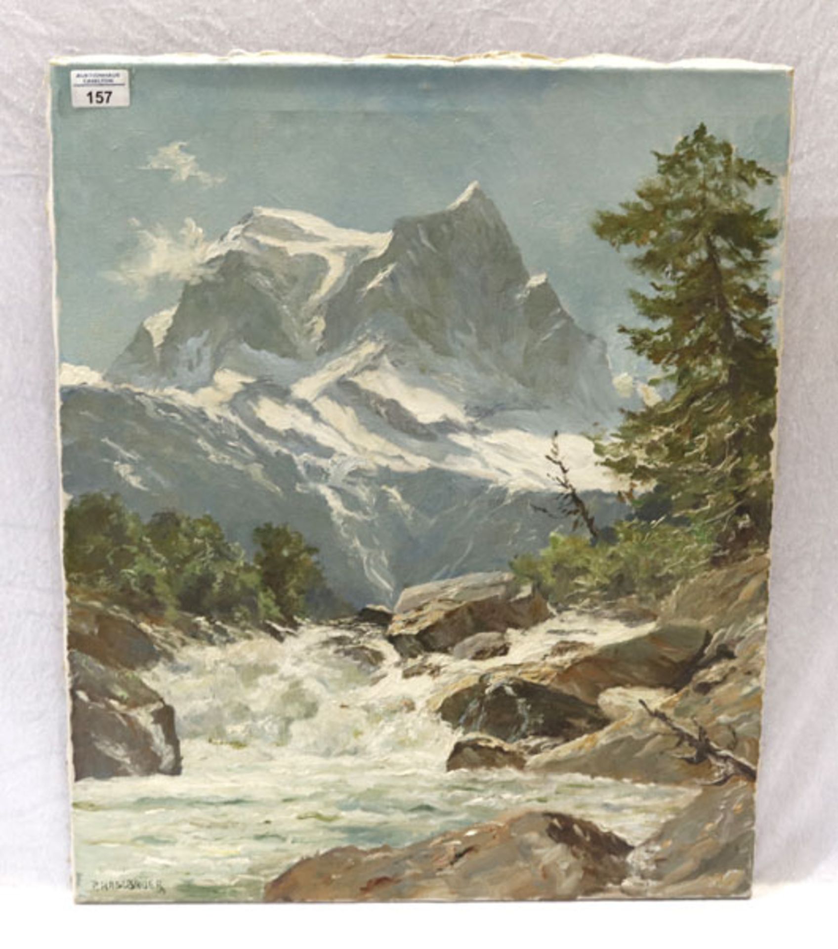 Gemälde ÖL/LW 'Hochgebirge mit Wildbach', signiert von Haselbauer, Paul, * 1919 München + 2016