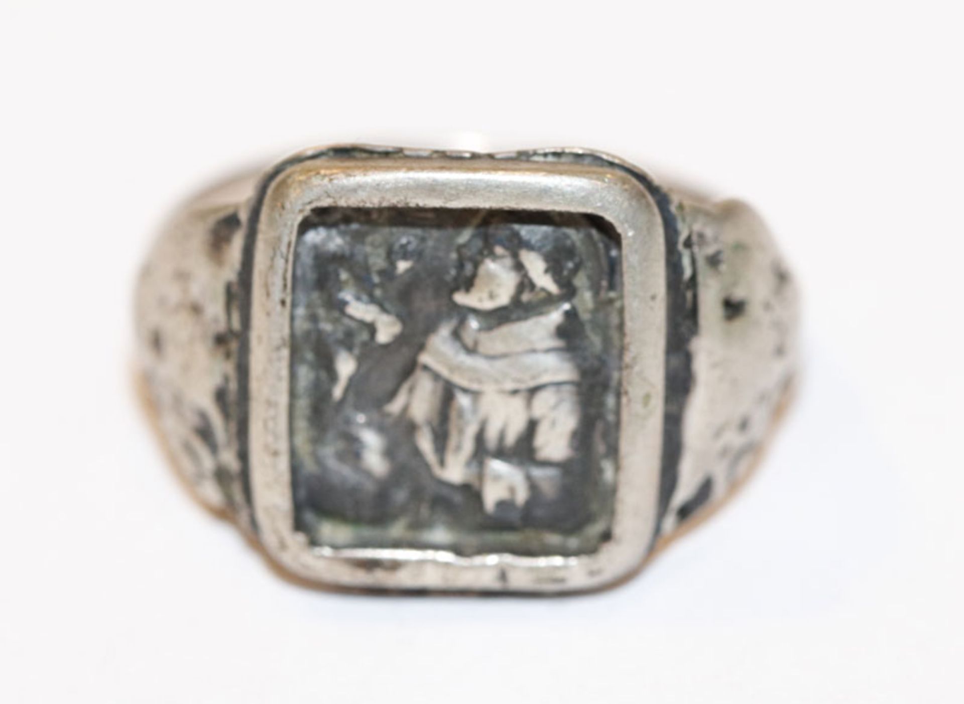 Silber Antoni-Ring mit reliefiertem Bildnis des Hl. Antonius, Gr. 56, Tragespuren