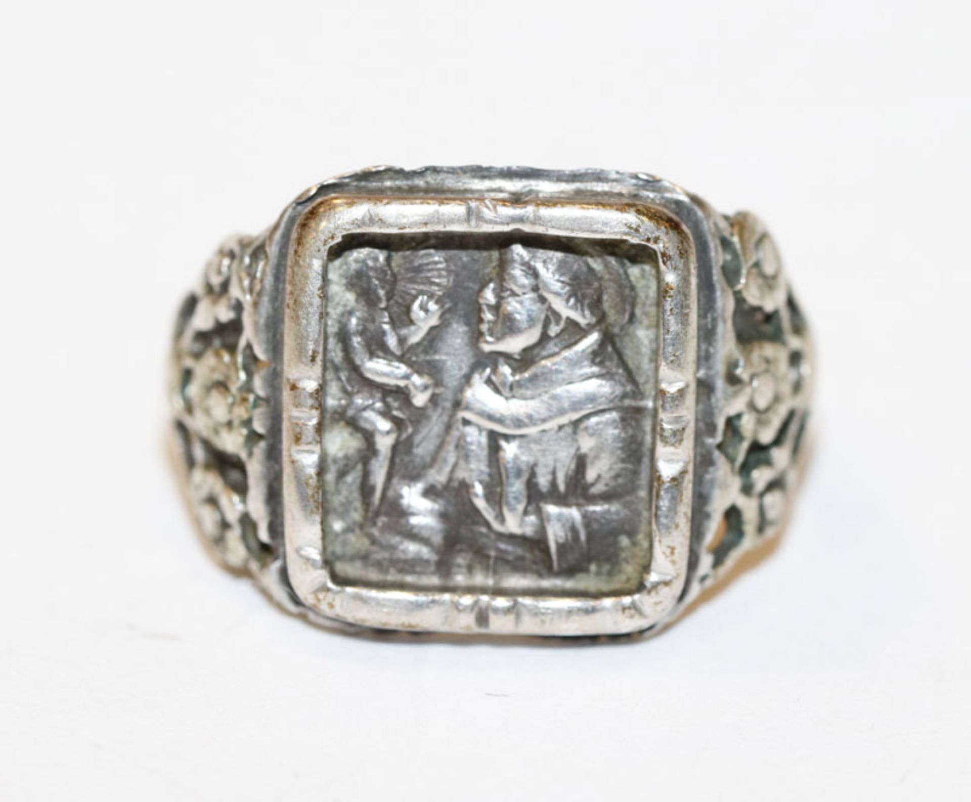 Silber Antoni-Ring mit reliefiertem Bildnis des Hl. Antonius, Gr. 54, Tragespuren
