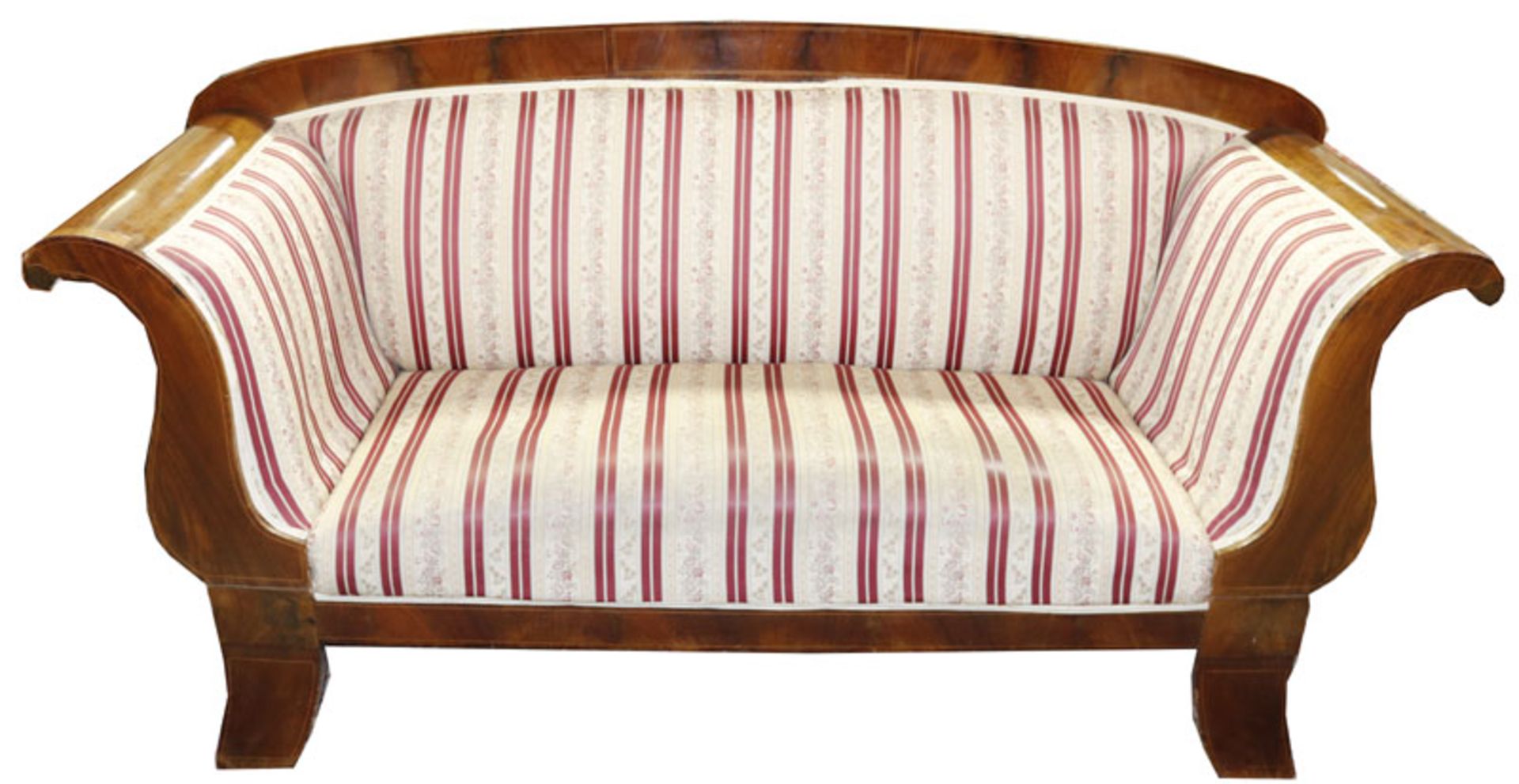 Biedermeier Sofa, Holzrahmen, gepolstert und beige/rot bezogen, H 100 cm, B 190 cm, T 53 cm,