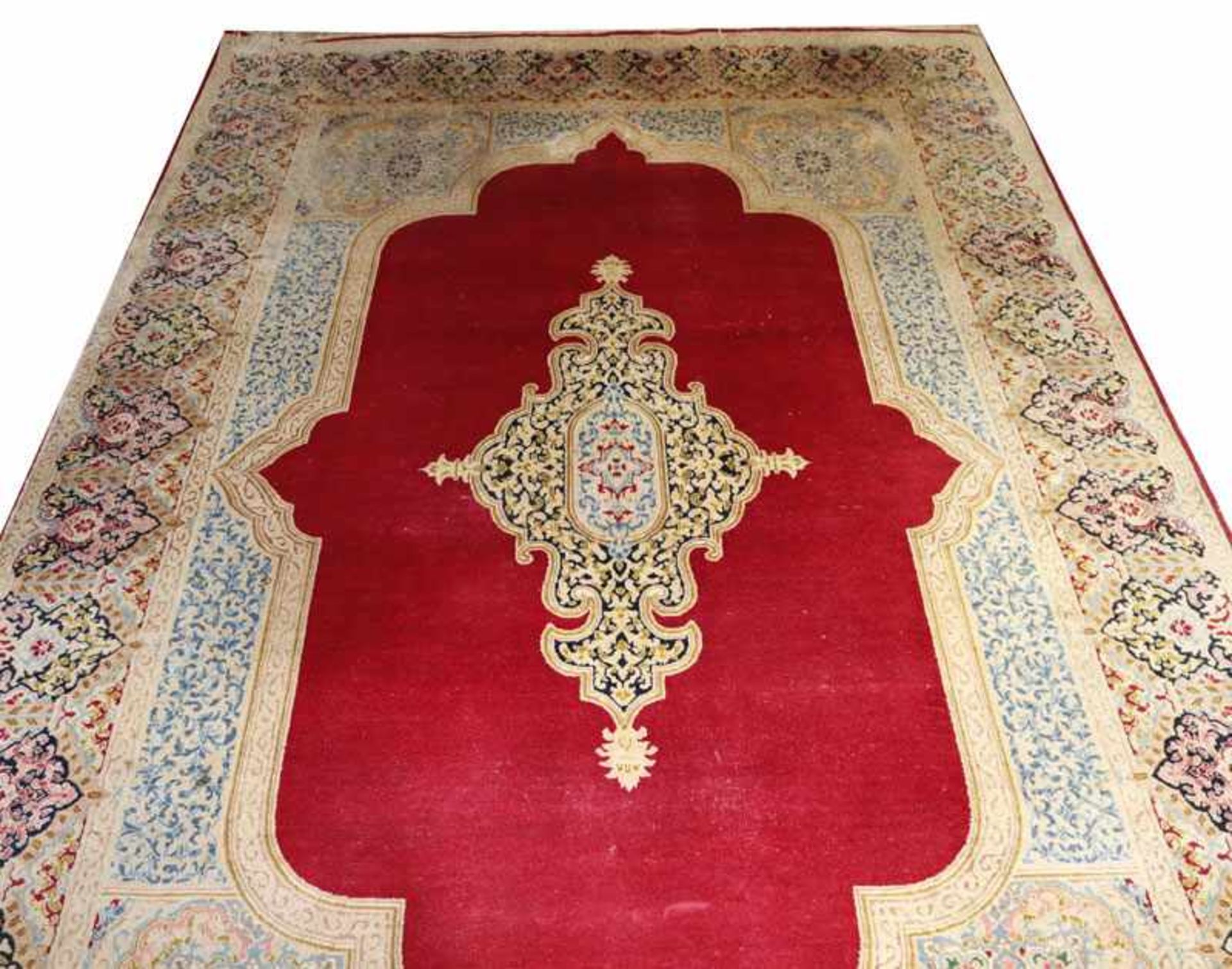 Teppich, Kirman, rot/beige/bunt, teils abgetreten und fleckig, 275 cm x 180 cm