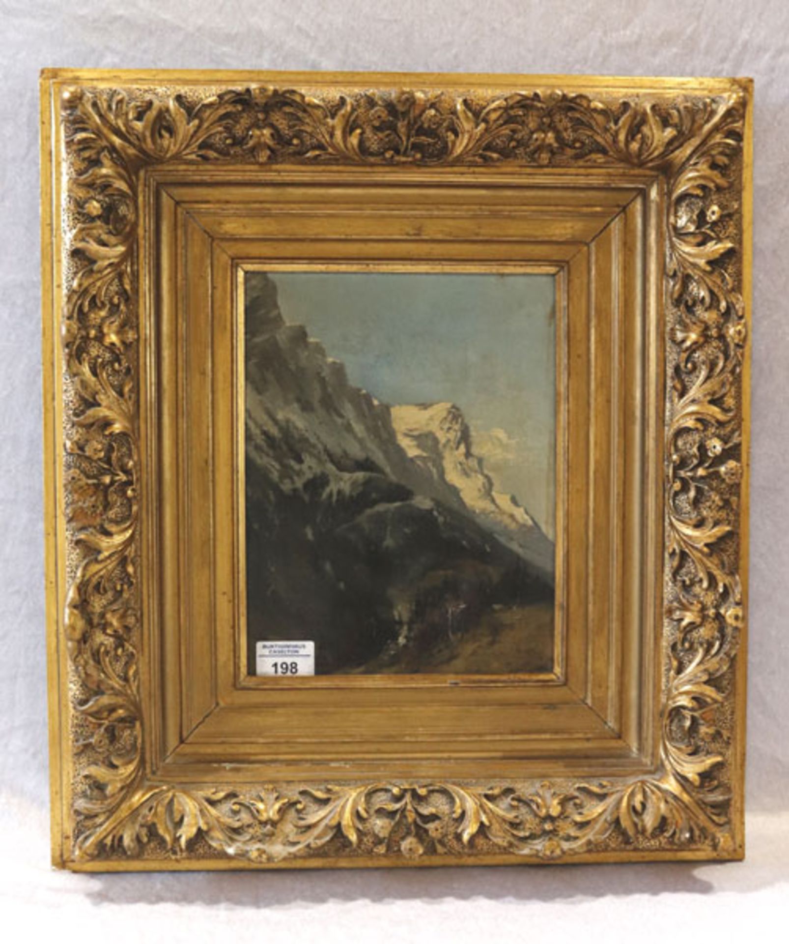 Gemälde ÖL/Holz 'Zugspitze', dekorativ gerahmt, Rahmen beschädigt, incl. Rahmen 52,5 cm x 46,5 cm