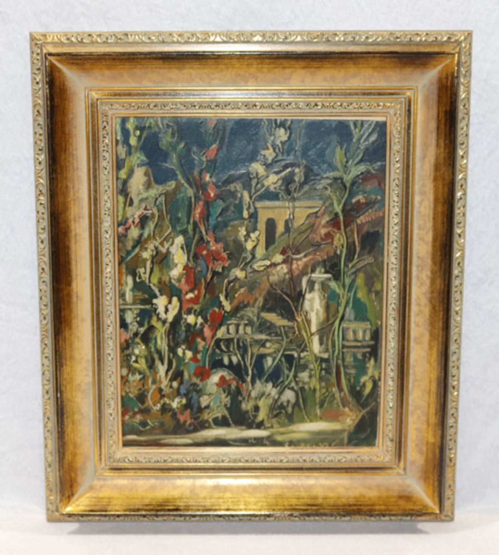Gemälde ÖL/Malkaron 'Landschafts-Szenerie mit Blumen', signiert Fustier, Georges-Albert, * 1892 Genf