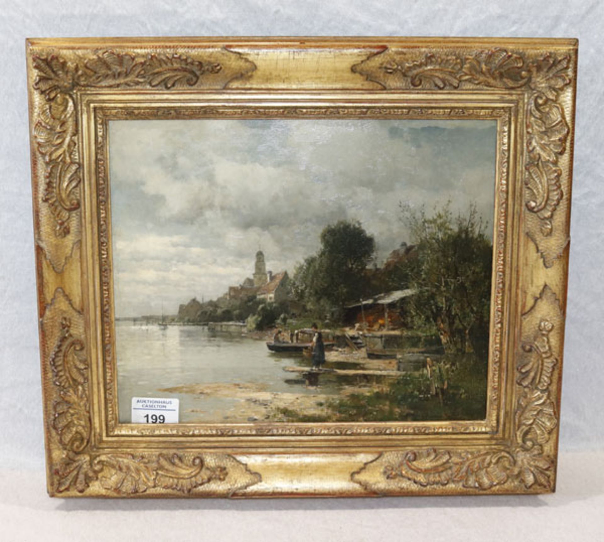Gemälde ÖL/LW 'Seeufer-Landschaft mit Bootshüte, Boot und Kirchenansicht', signiert Heinich,
